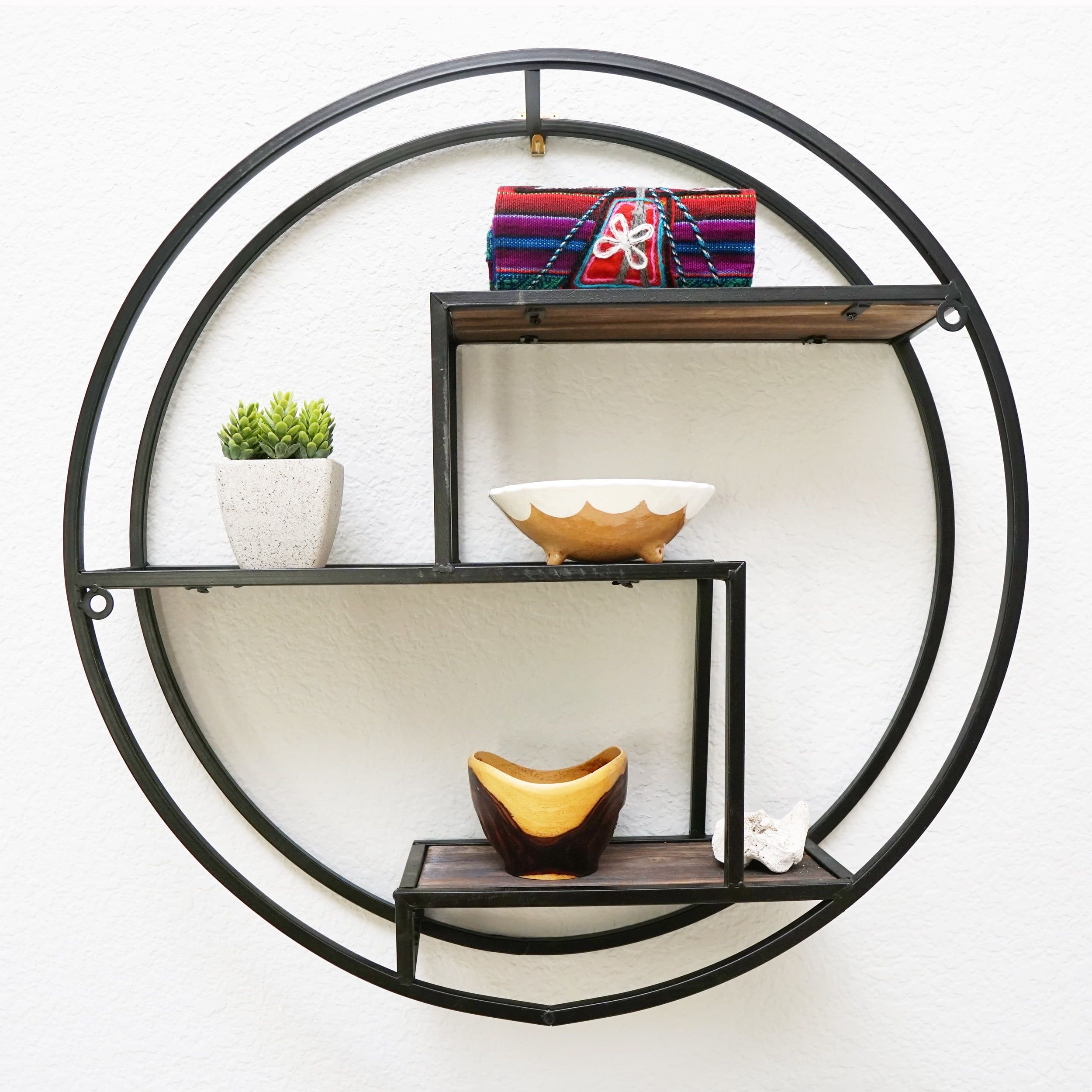 Industrial Black Iron and Wood Round Floating Wall Shelf