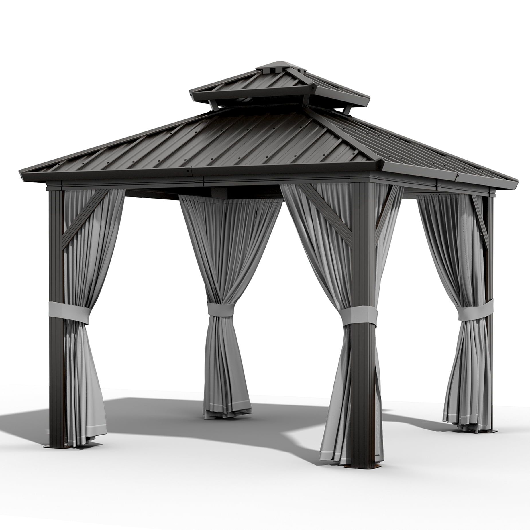 Gray 10x10 Double Roof Metal Gazebo with Netting and Curtains