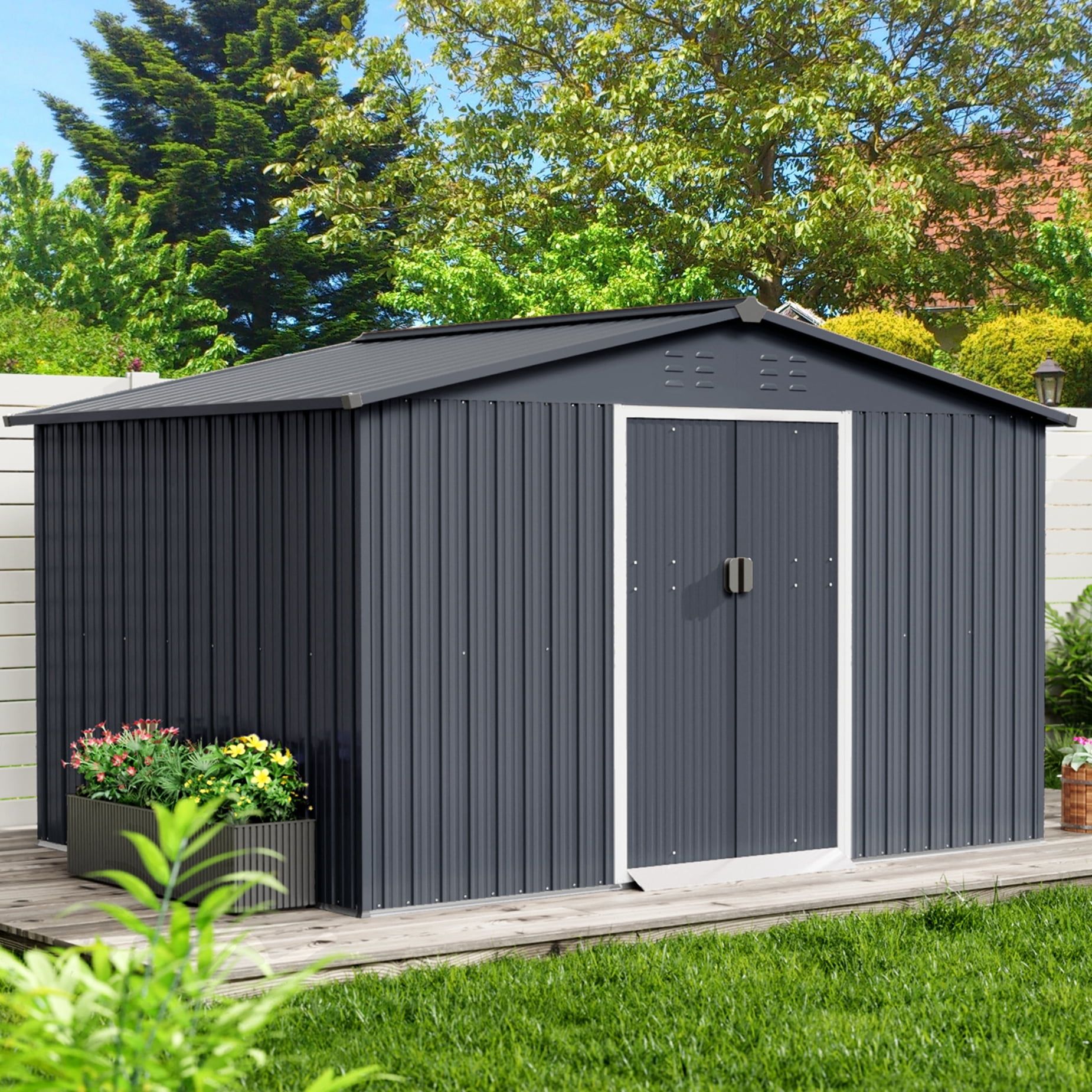 10' x 10' Dark Gray Metal Outdoor Storage Shed with Sliding Doors