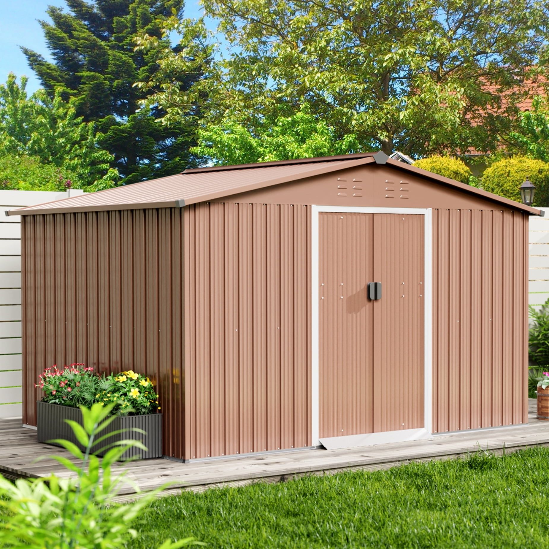 10' x 10' Brown Metal Outdoor Storage Shed with Sliding Doors