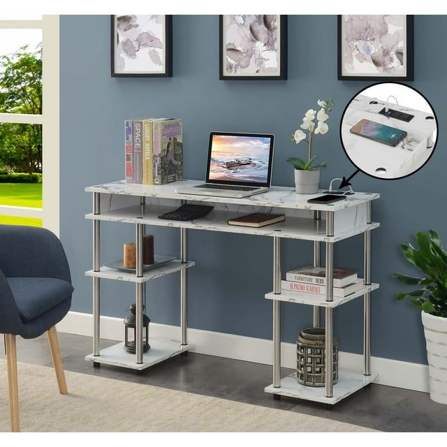 Sleek White Marble & Wood Desk with Built-in USB Charging Port