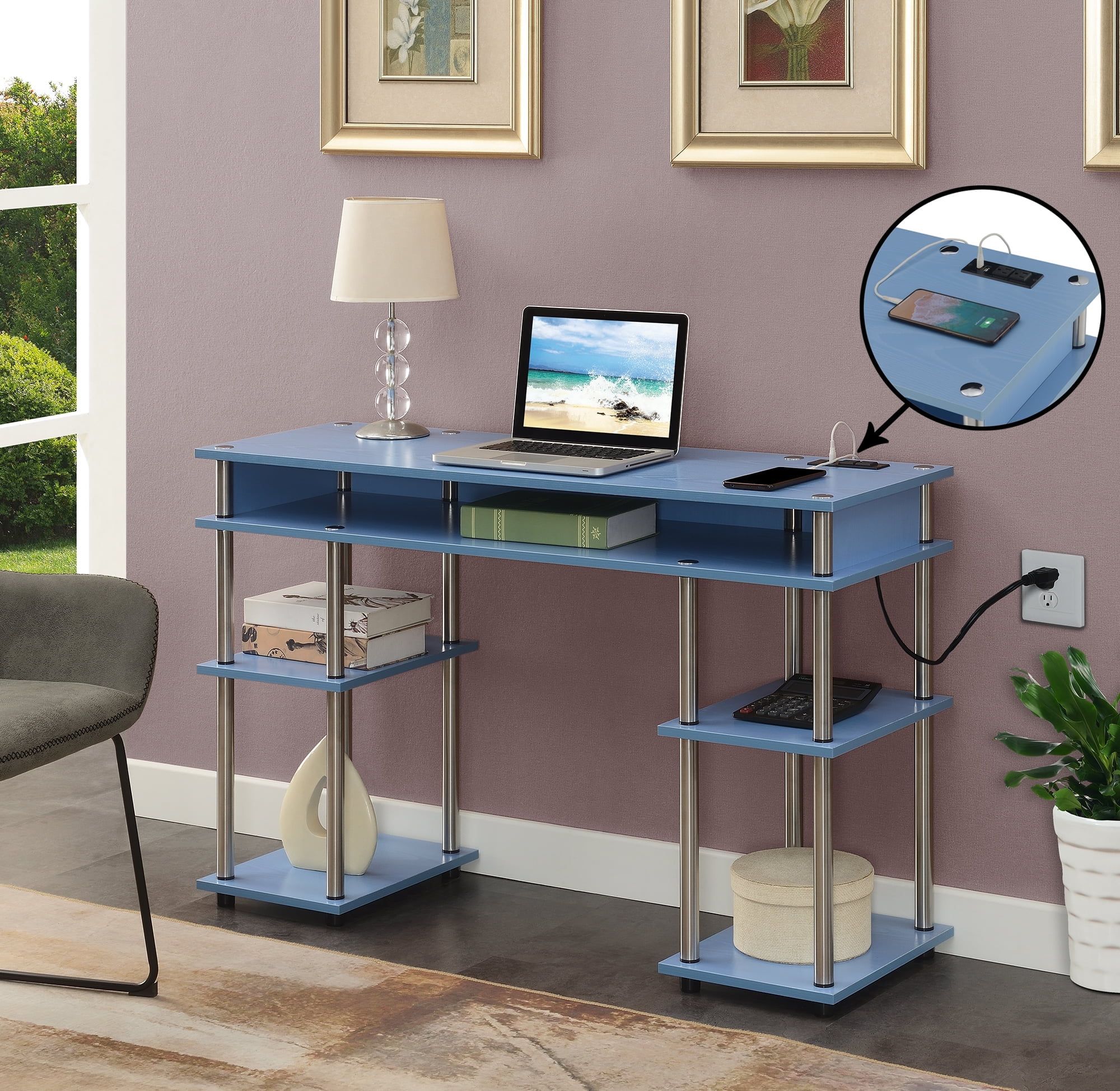 Blue Wood Writing Desk with USB Charging Station