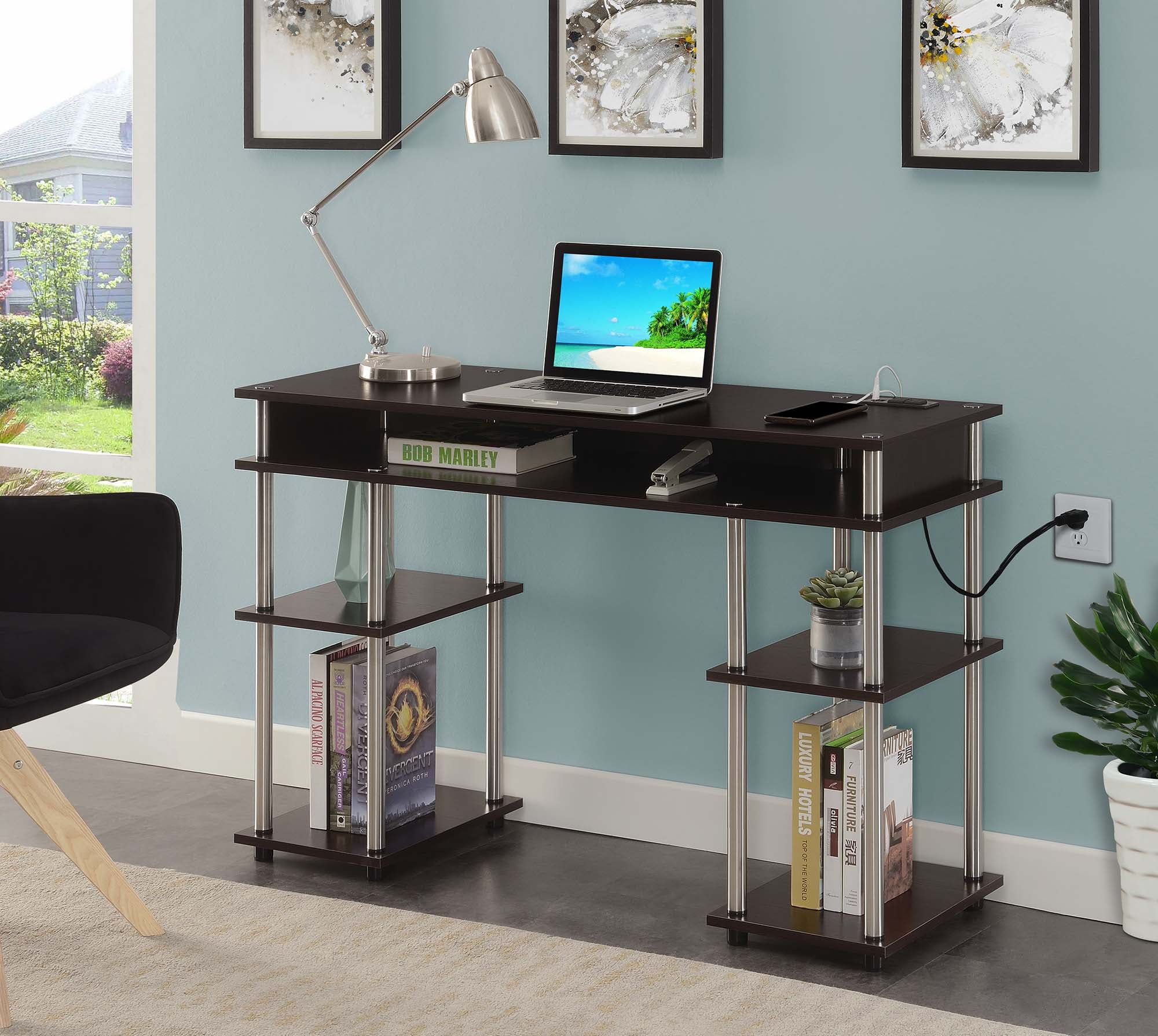 Espresso Modern Writing Desk with USB Charging Station and Shelves