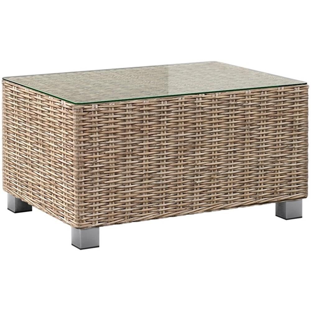 Almond Wicker Outdoor Coffee Table with Glass Top and Aluminum Frame