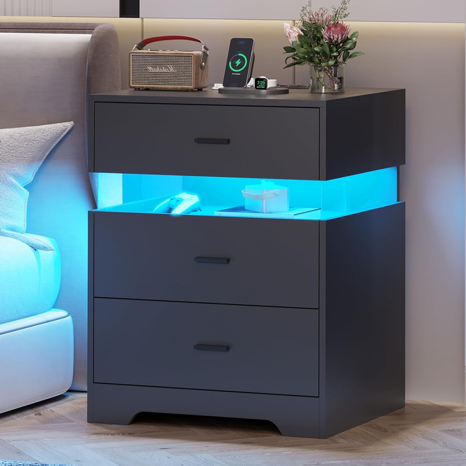 Black MDF Nightstand with LED Lights and Charging Station