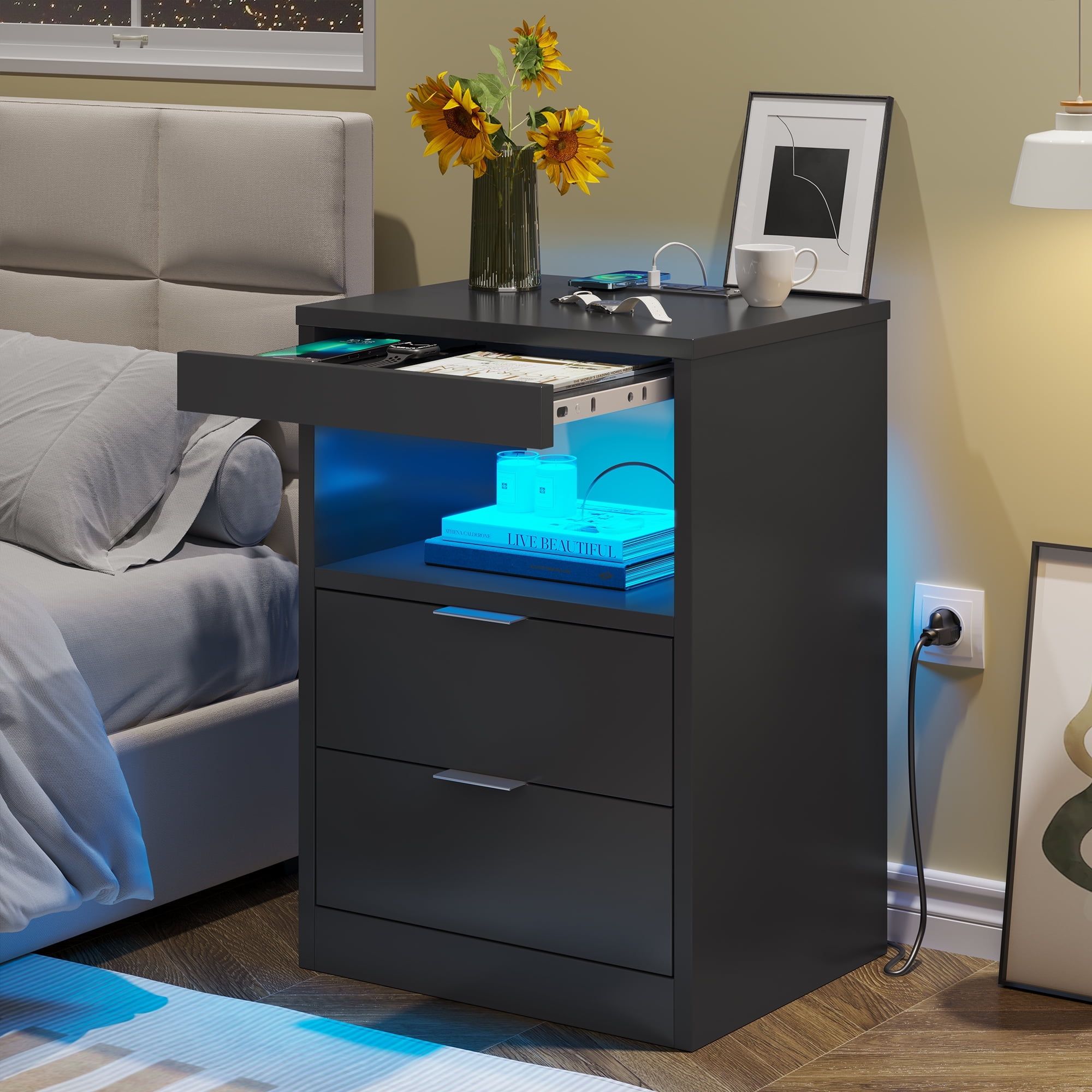 Black Nightstand with Wireless Charging, LED Lights, 2 Drawers