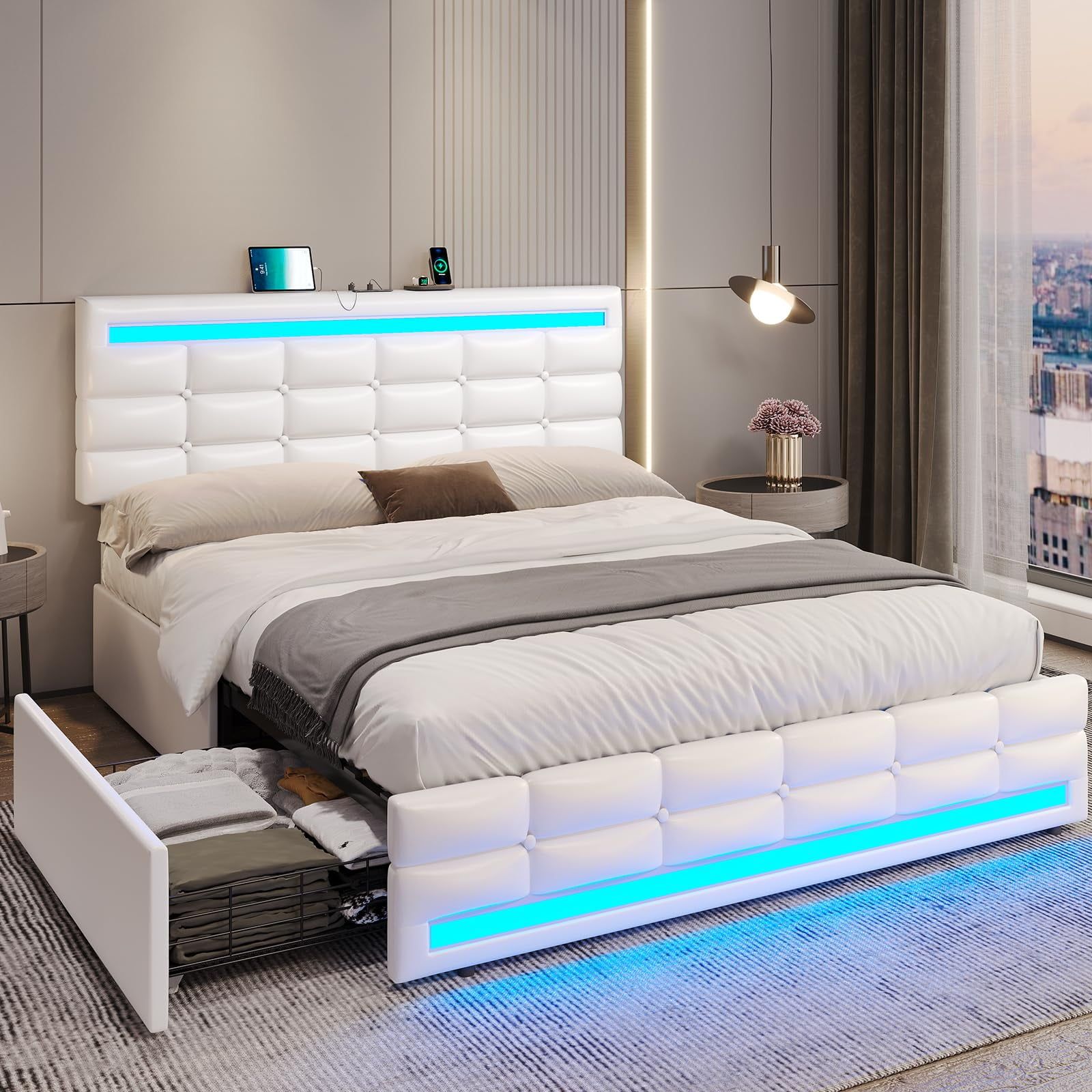 White Queen Upholstered Bed Frame with LED Lights and Storage Drawers