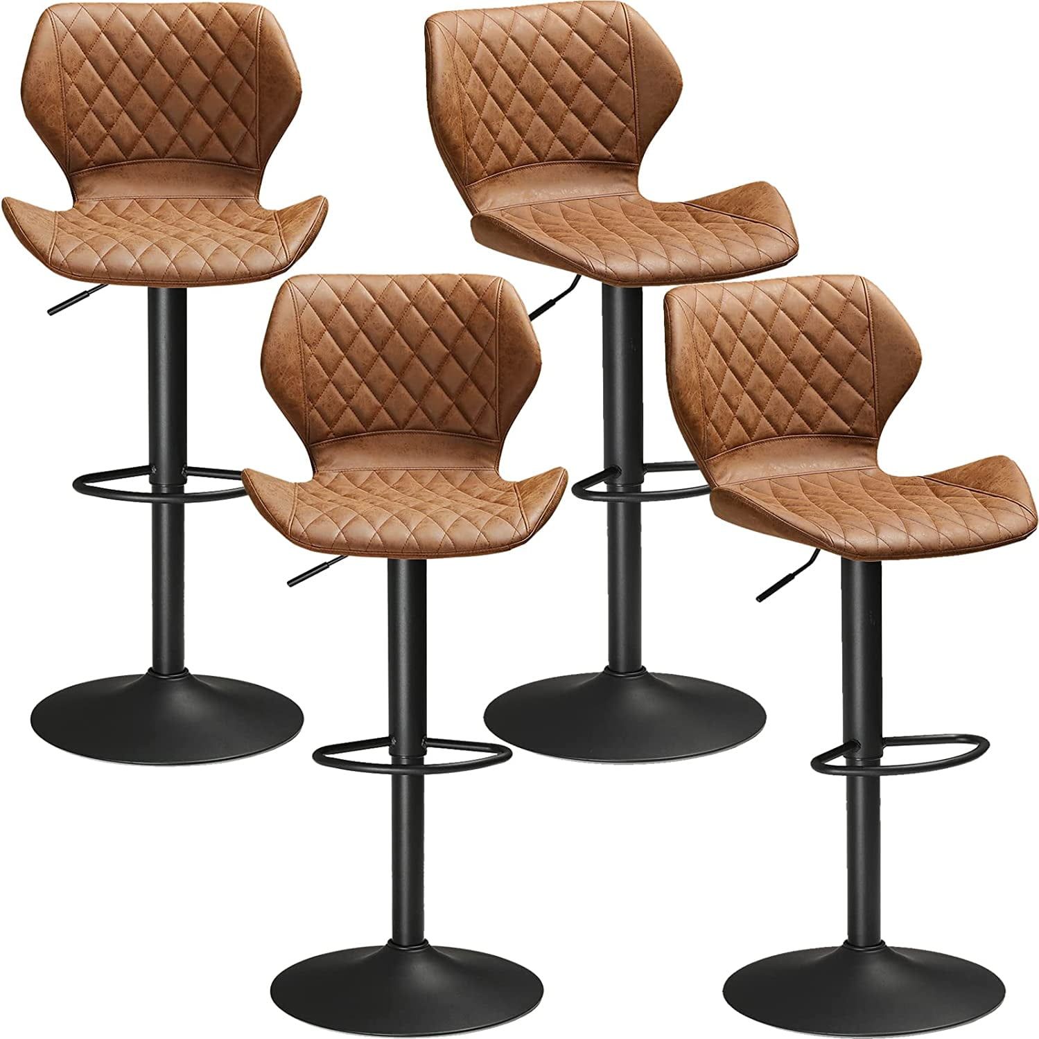 Set of 4 Adjustable Brown Faux Leather Swivel Bar Stools