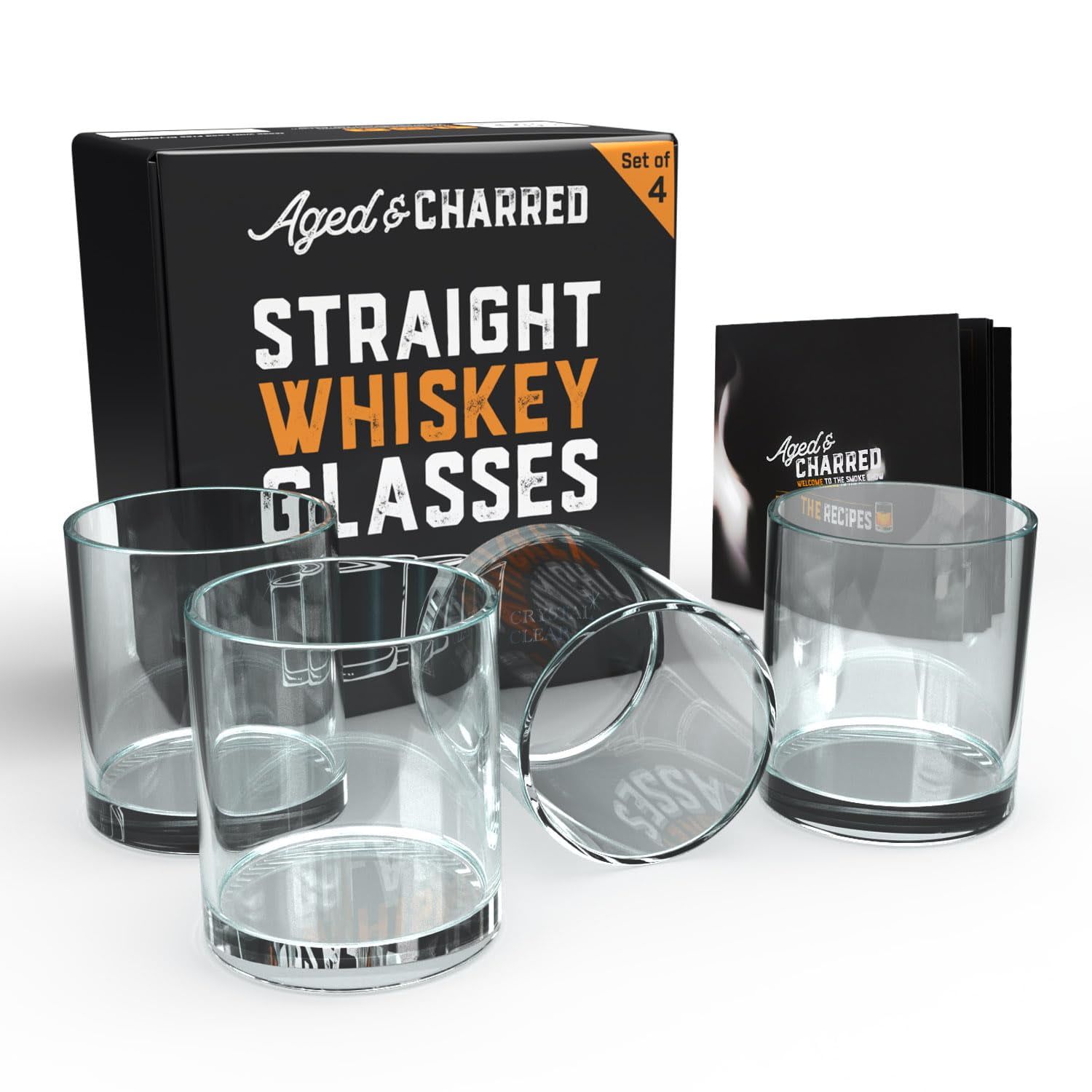 Aged & Charred Classic Crystal Clear Whiskey Glasses Set of 4