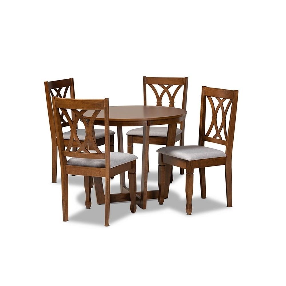 Aggie Grey Fabric and Walnut Wood 5-Piece Circular Dining Set