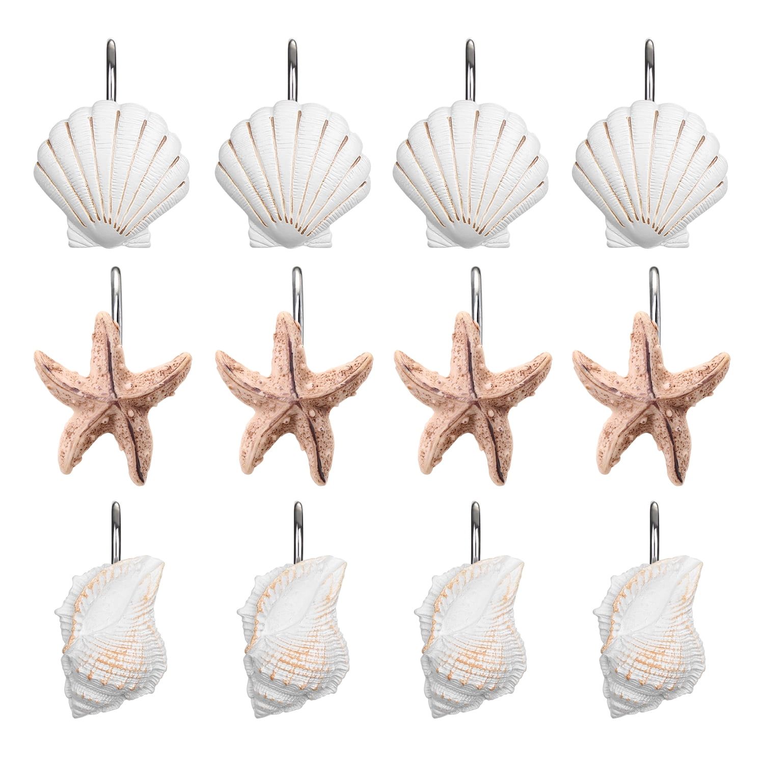 Coastal Seashell and Starfish Shower Curtain Hooks Set