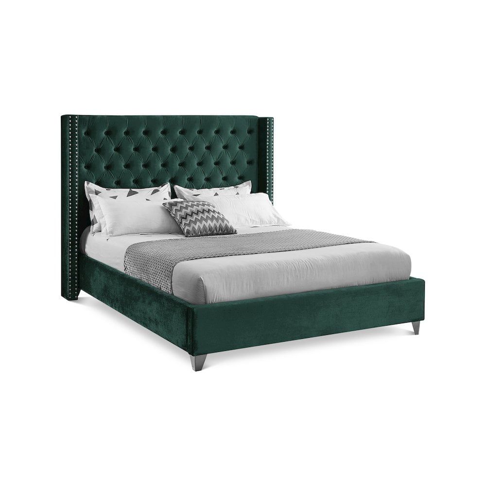 King Green Velvet Upholstered Bed with Tufted Headboard and Nailhead Trim