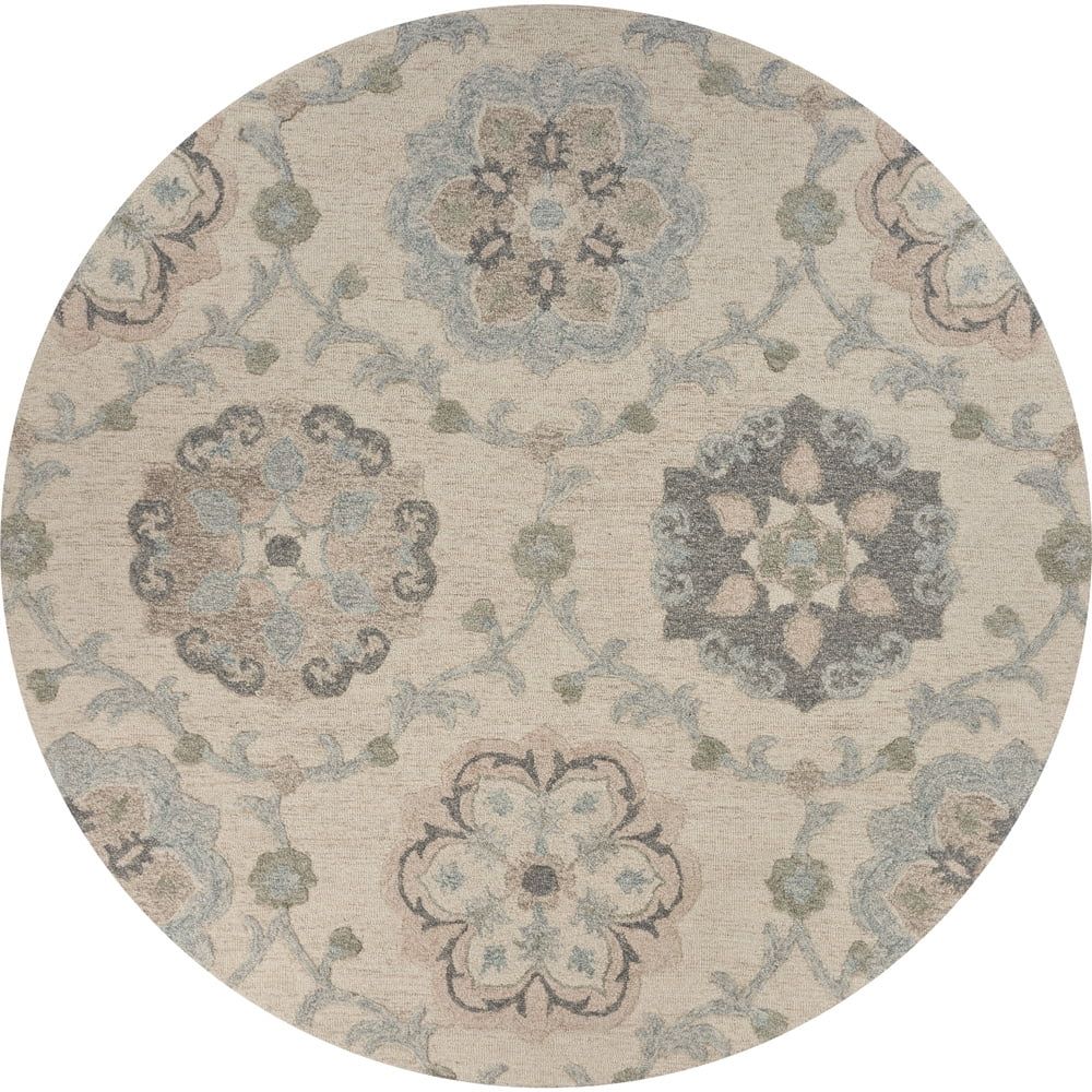 Handmade Ivory and Light Blue Floral Wool Round Rug, 58"