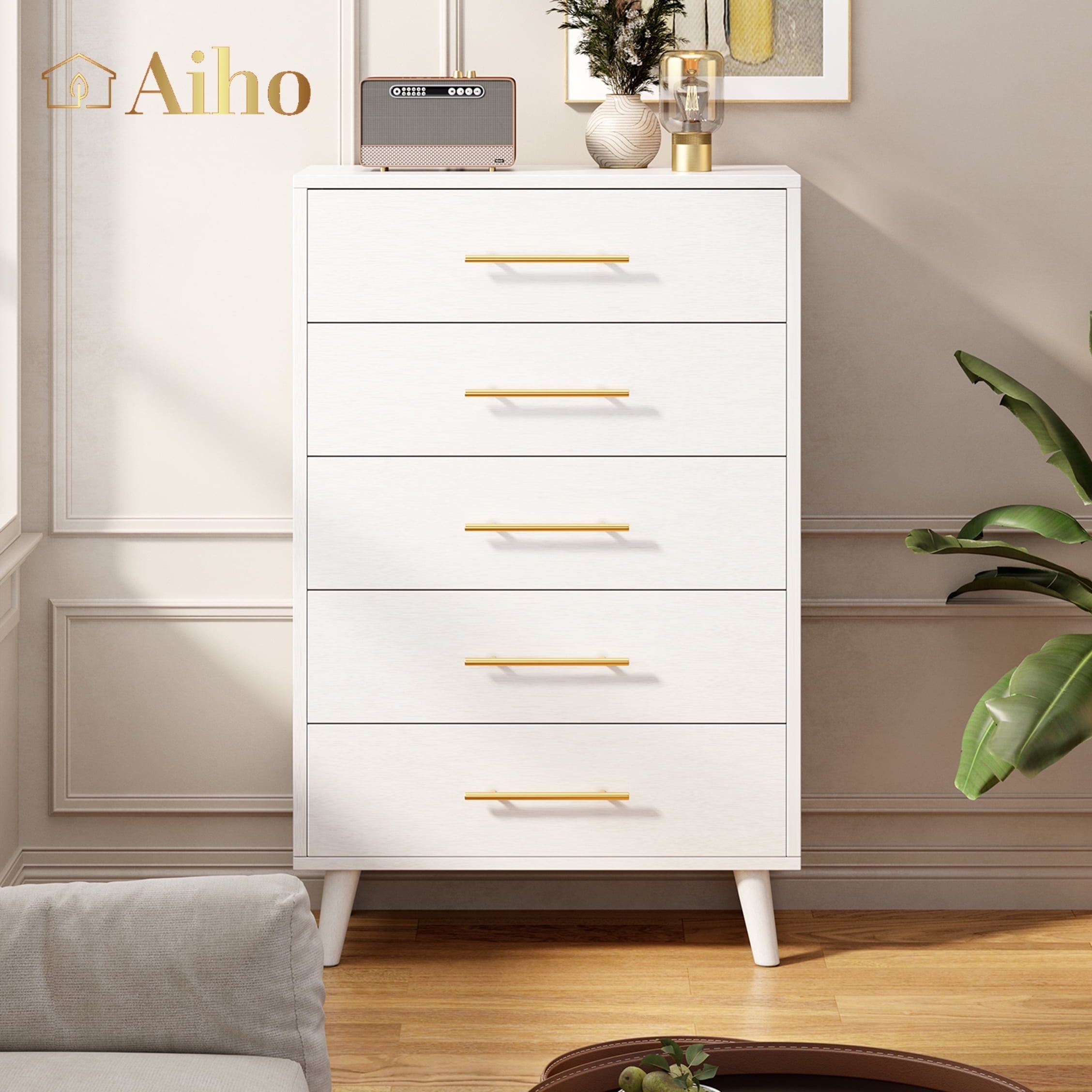 White 5-Drawer Dresser with Gold Handles and Deep Storage