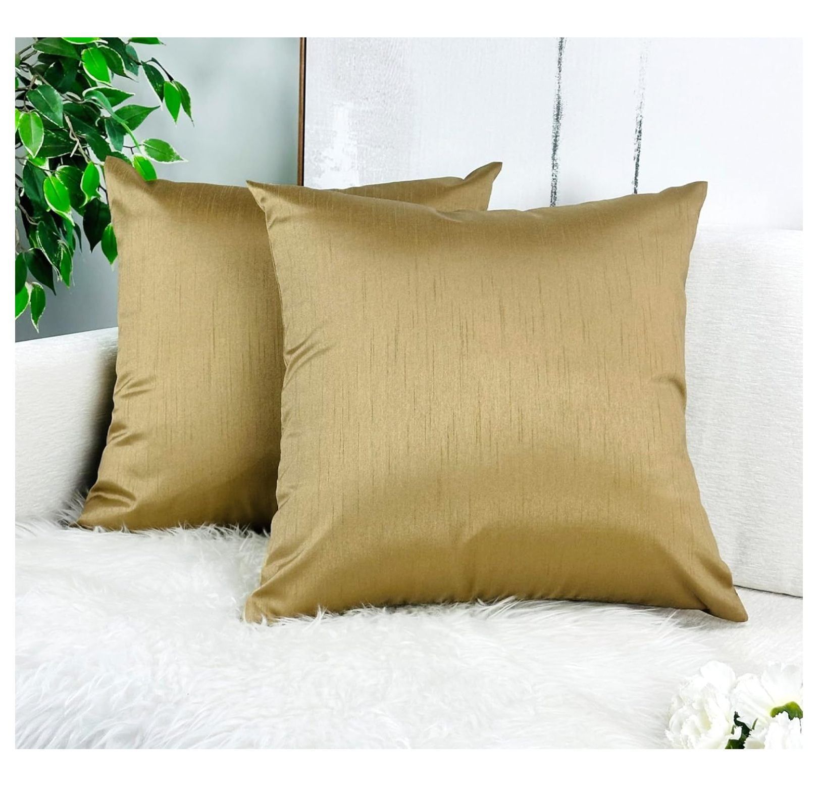 Brass Faux Silk 20'' Square Throw Pillow Covers, Set of 2