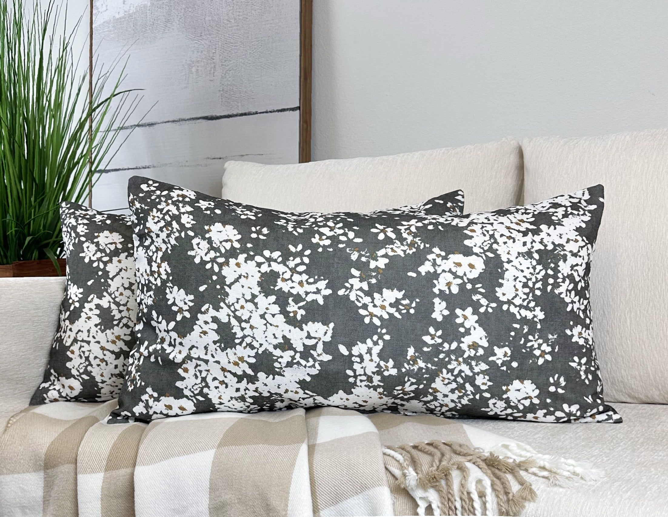 Steel Grey Floral Polyester 26" x 14" Throw Pillow Set