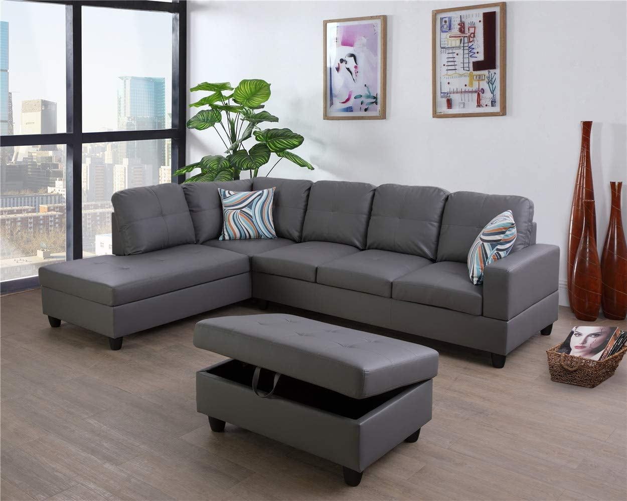 Dark Grey Faux Leather Tufted L-Shaped Sectional Sofa with Ottoman