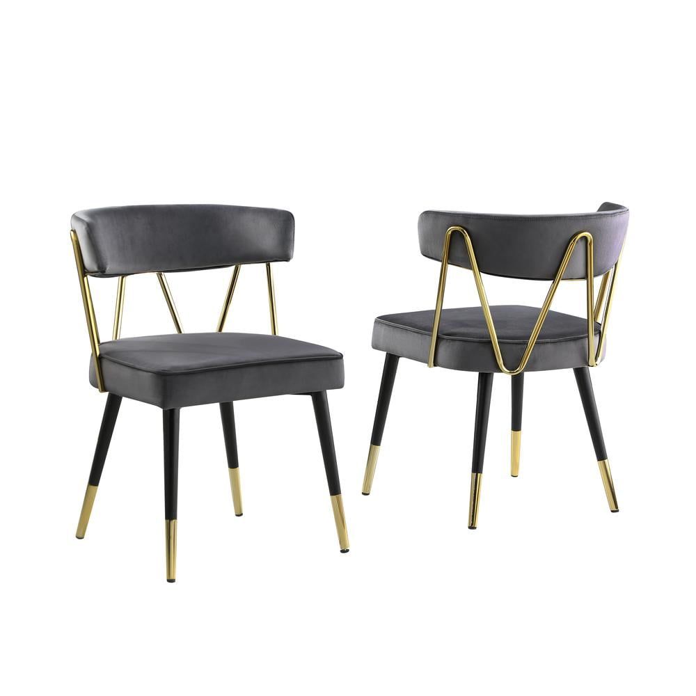 Gray Velvet Armless Dining Chairs with Gold Accents, Set of 2