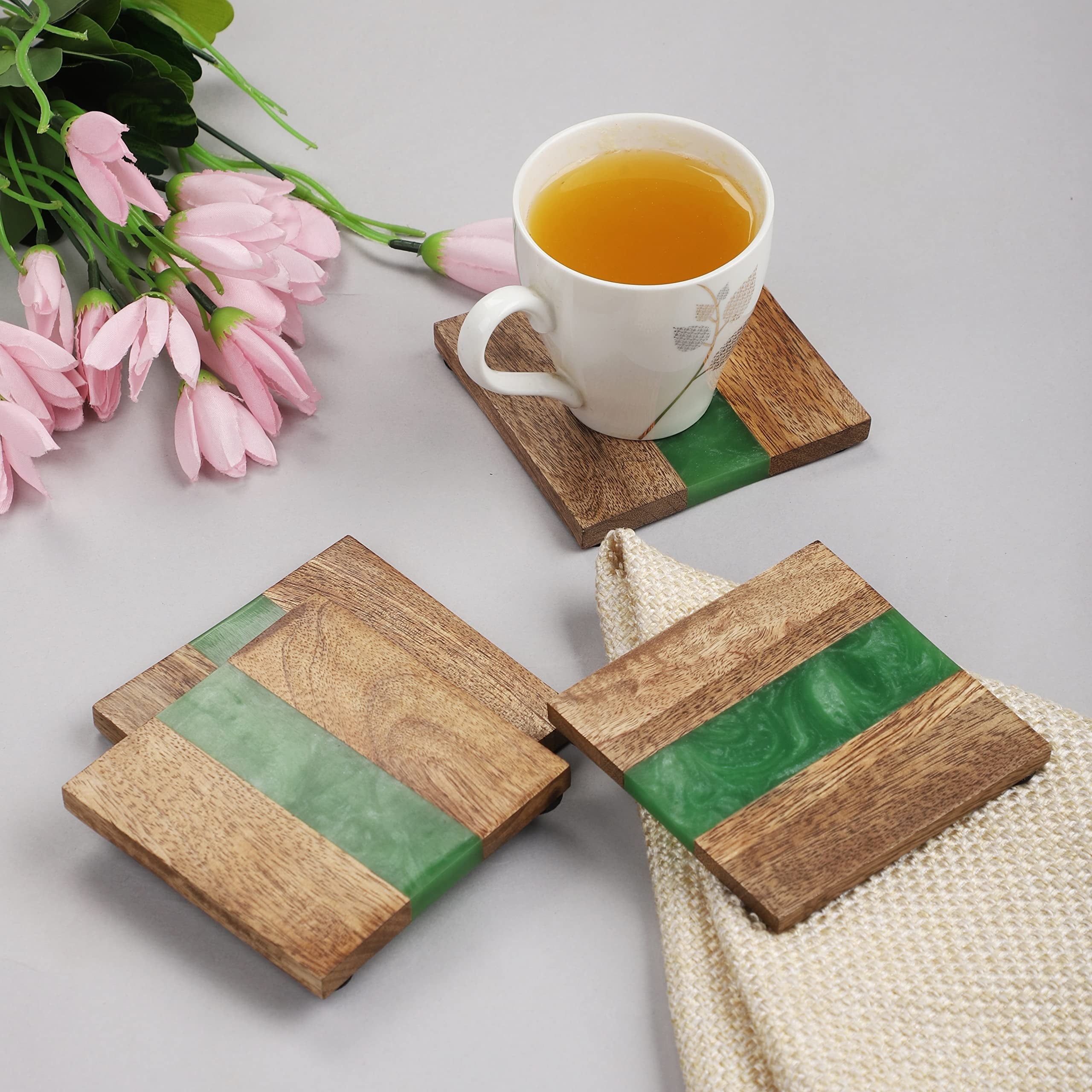 Handmade Green Resin and Wood Square Coasters Set of 4