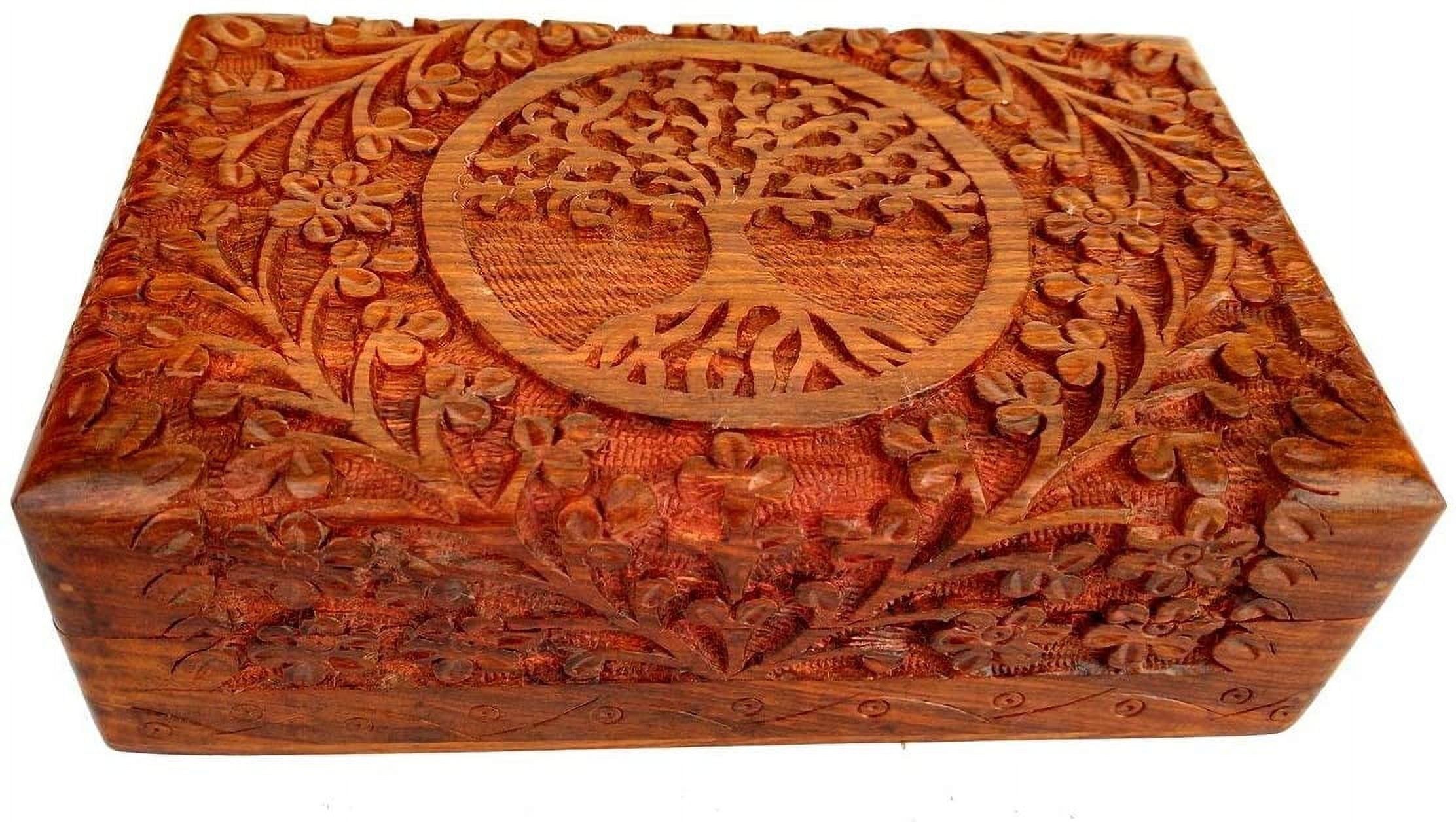 Handcarved Brown Wooden Jewelry Box with Tree Design, 8x5 Inch