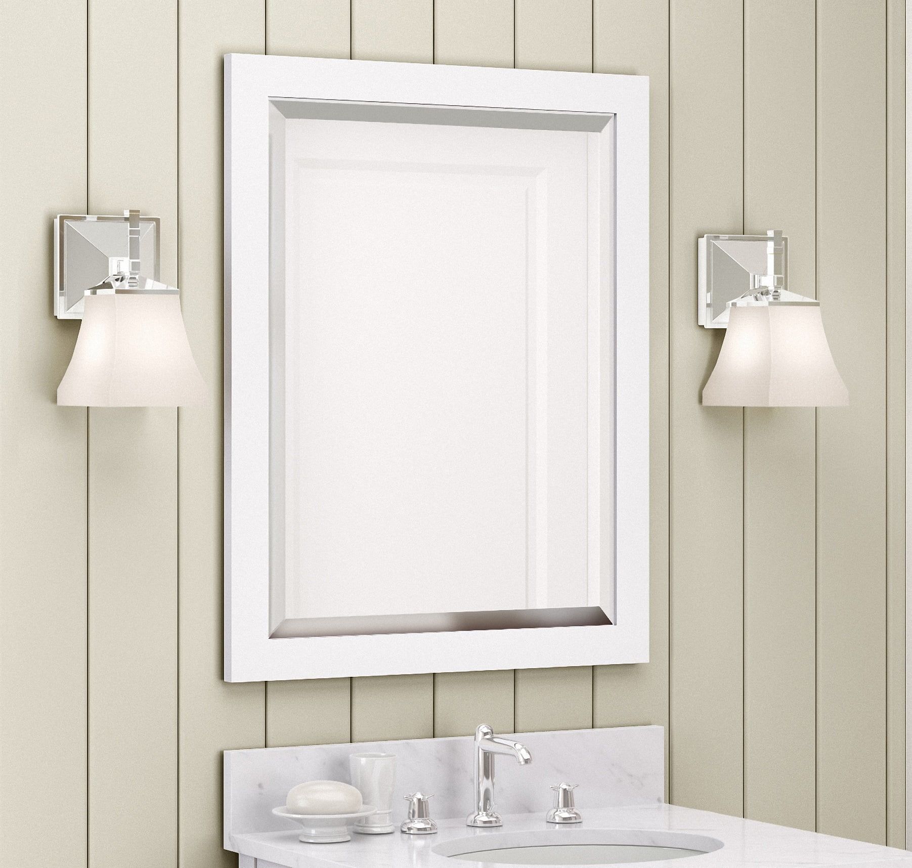 Sleek Rectangular Beveled Bathroom Vanity Mirror in White