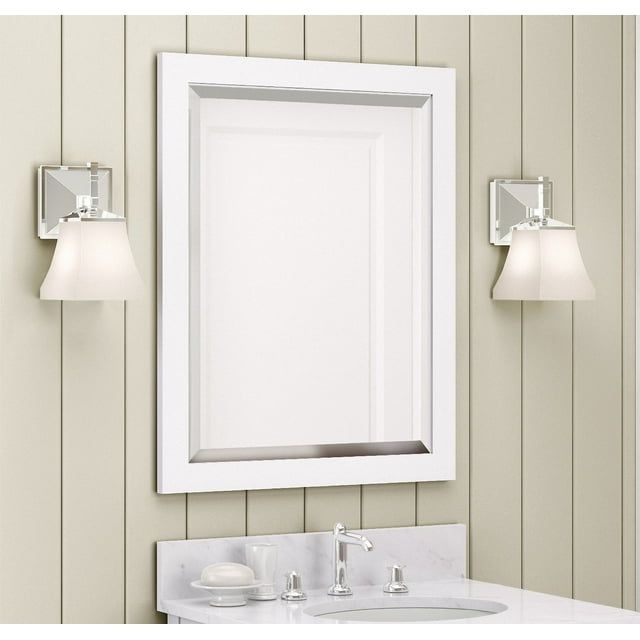 Sleek Rectangular Beveled Bathroom Vanity Mirror in White