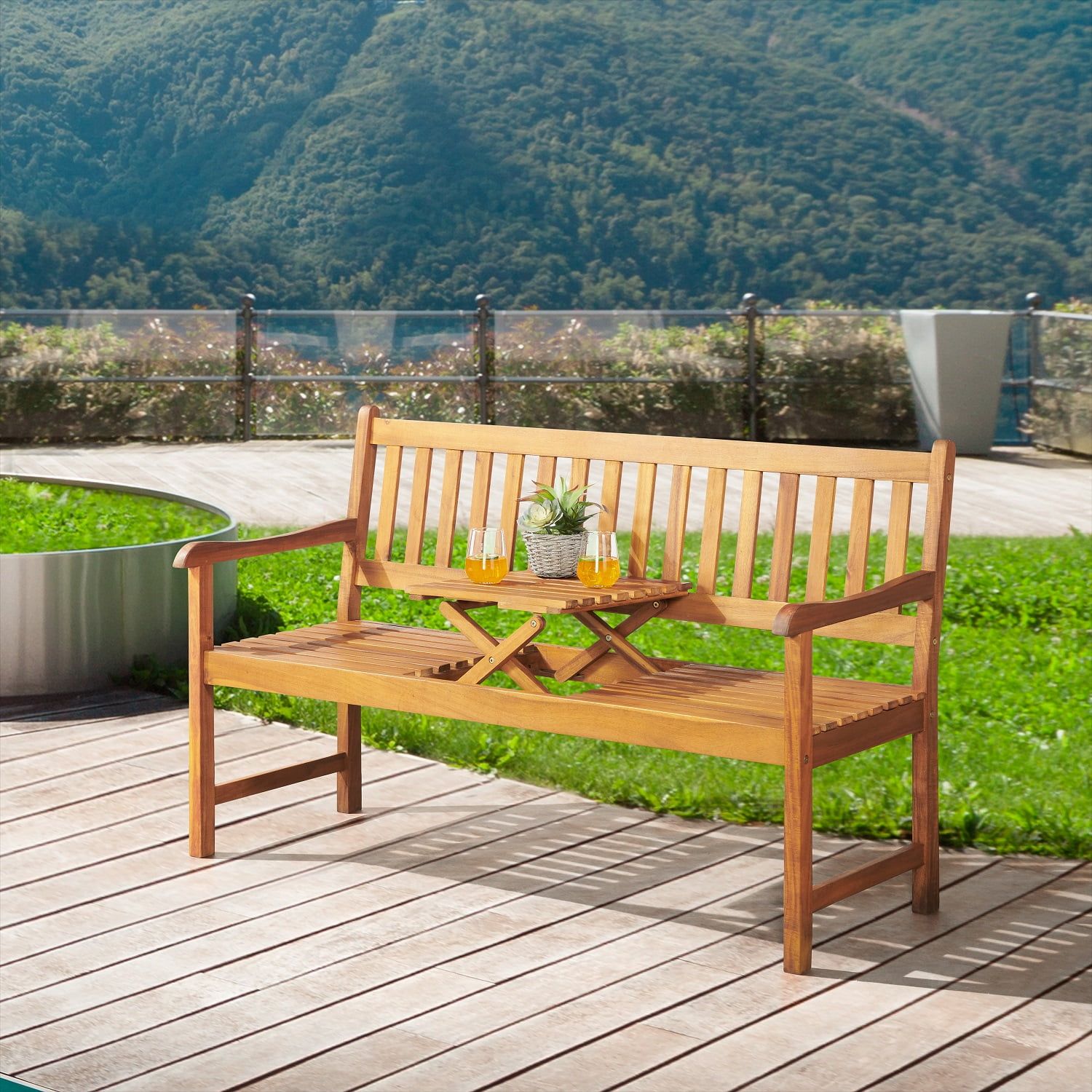 Bristol 60'' Natural Acacia Wood Outdoor Bench with Pop-Up Table