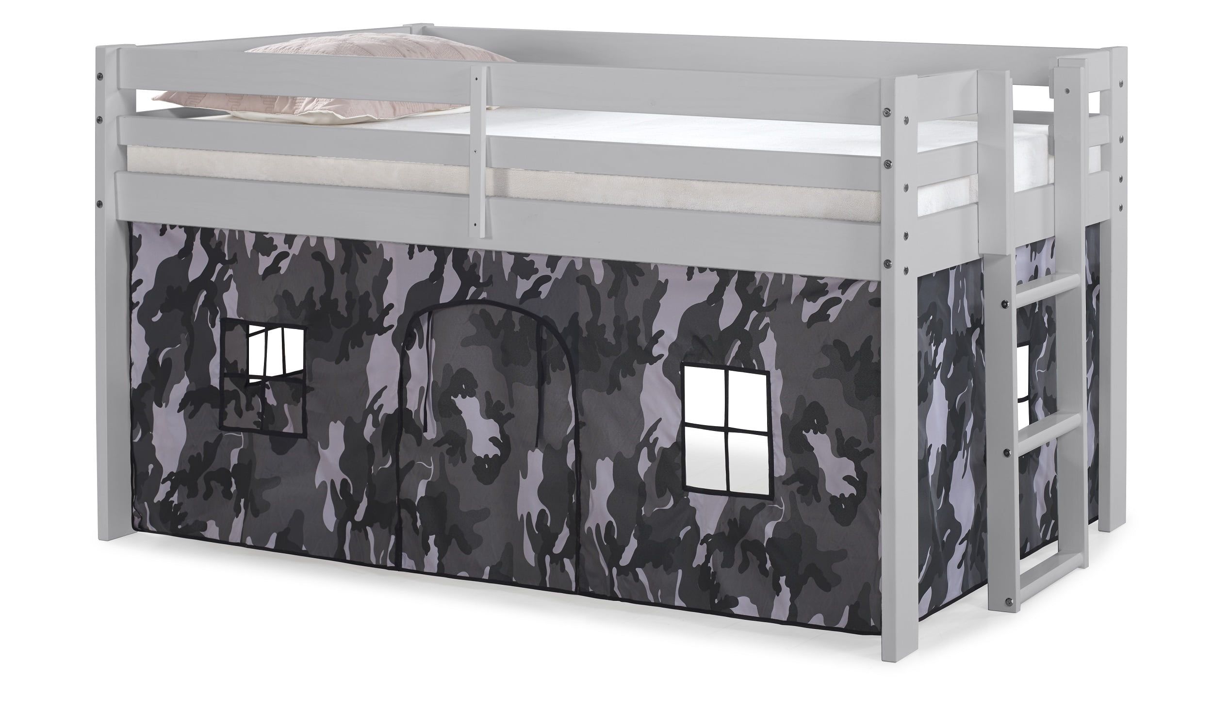 Dove Gray Twin Loft Bed with Camouflage Tent and Pine Frame