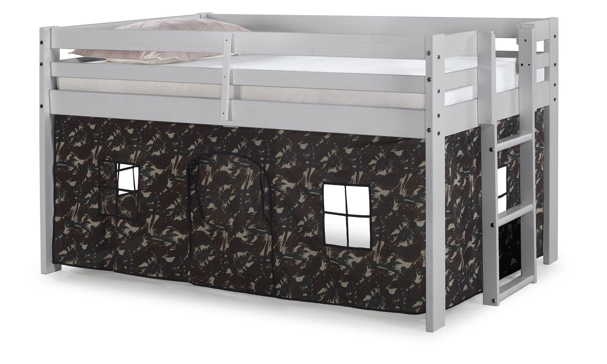 Dove Gray Twin Loft Bed with Green Camouflage Tent