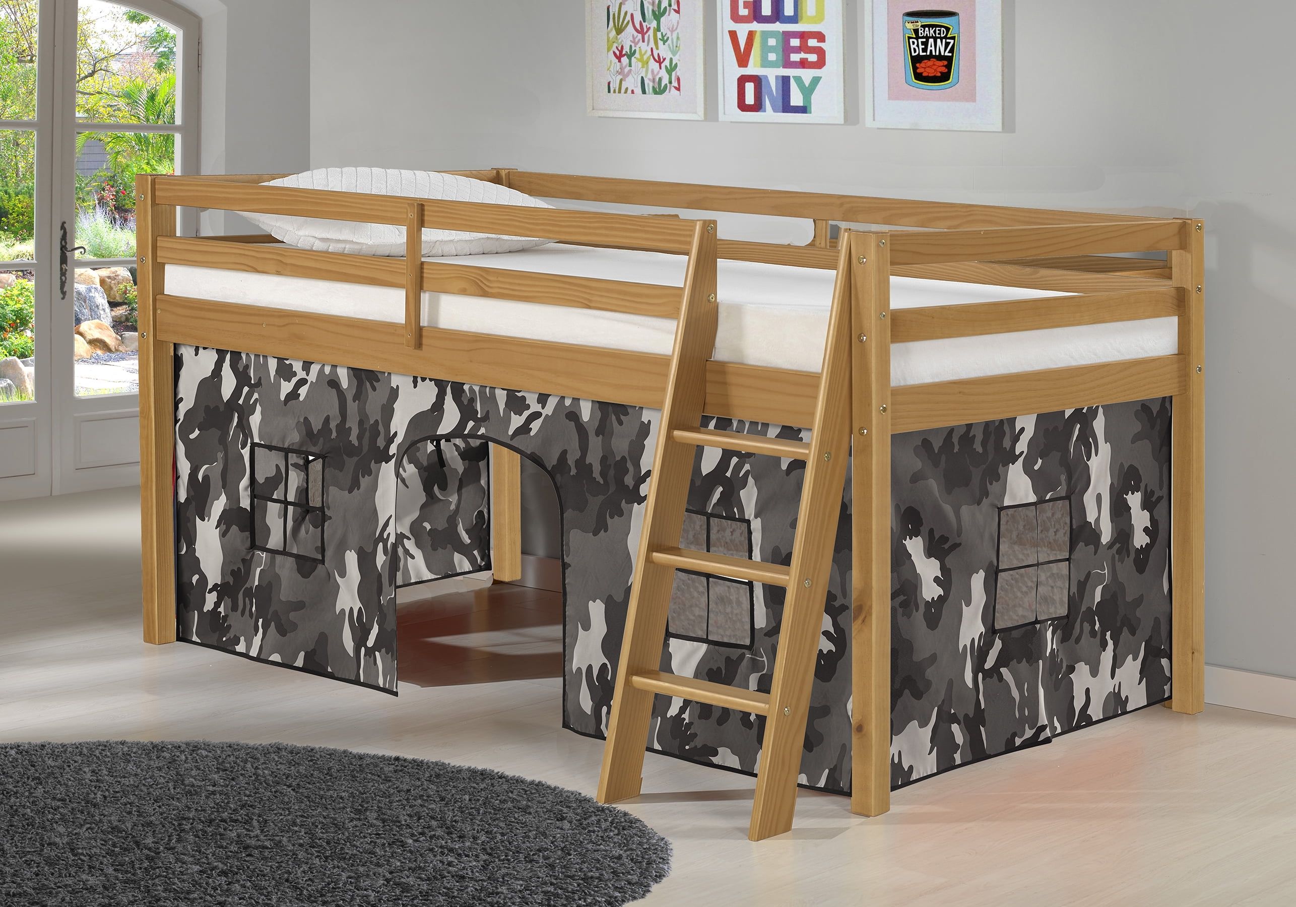 Twin Pine Loft Bed with Gray Camouflage Tent and Ladder