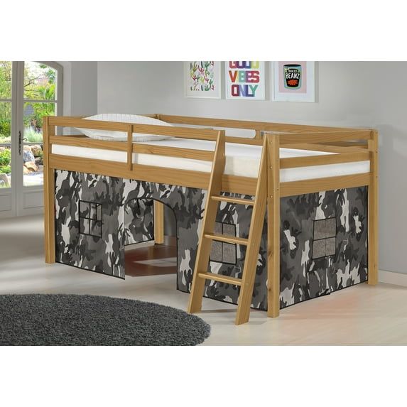 Twin Pine Loft Bed with Gray Camouflage Tent and Ladder