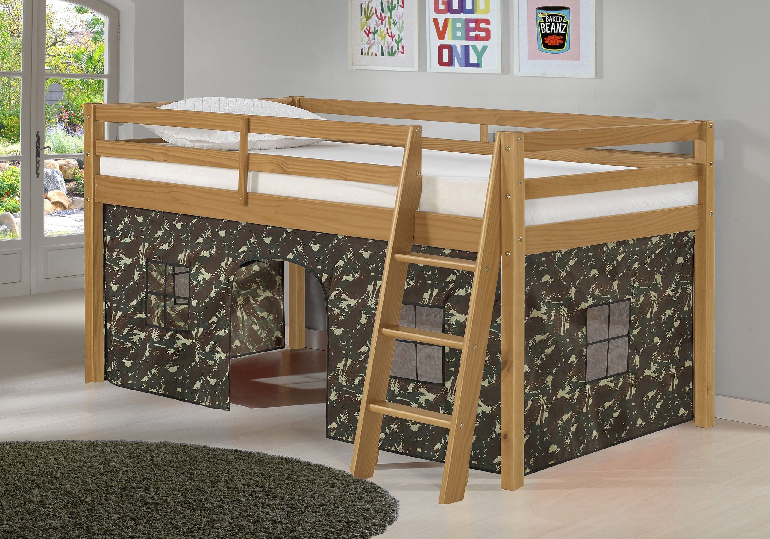 Cinnamon Pine Twin Loft Bed with Green Camouflage Tent