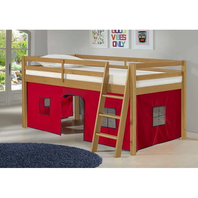 Twin Pine Wood Loft Bed with Red and Blue Tent