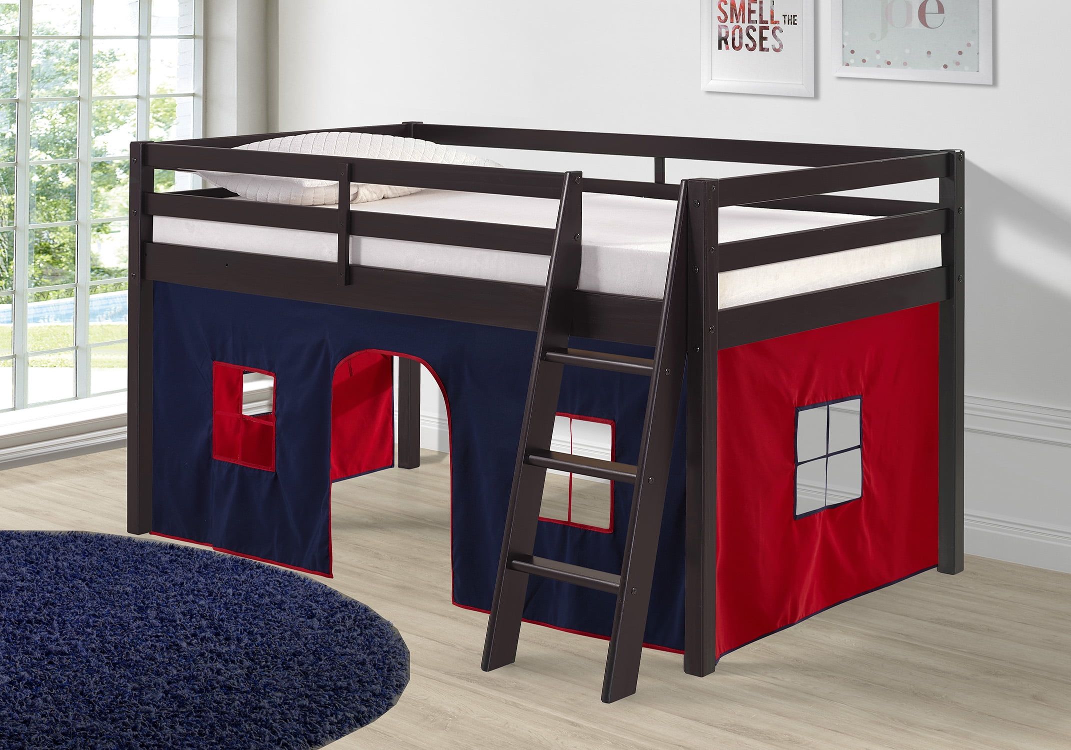 Espresso Pine Twin Loft Bed with Blue and Red Tent