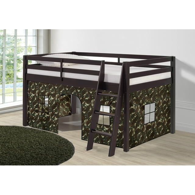 Espresso Twin Wood Loft Bed with Green Camo Tent