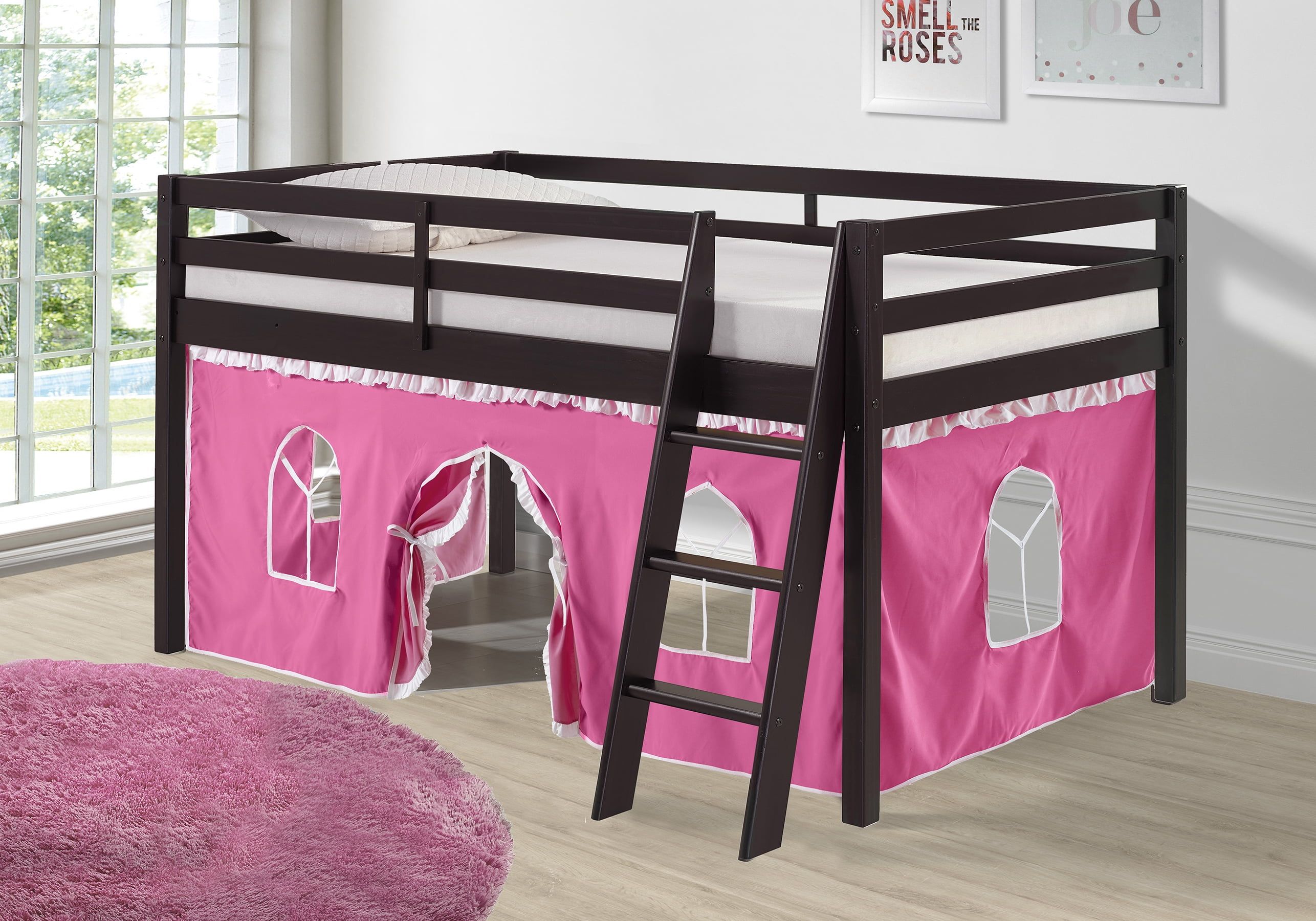 Espresso Pine Twin Loft Bed with Pink Playhouse Tent