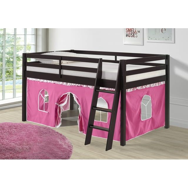 Espresso Pine Twin Loft Bed with Pink Playhouse Tent