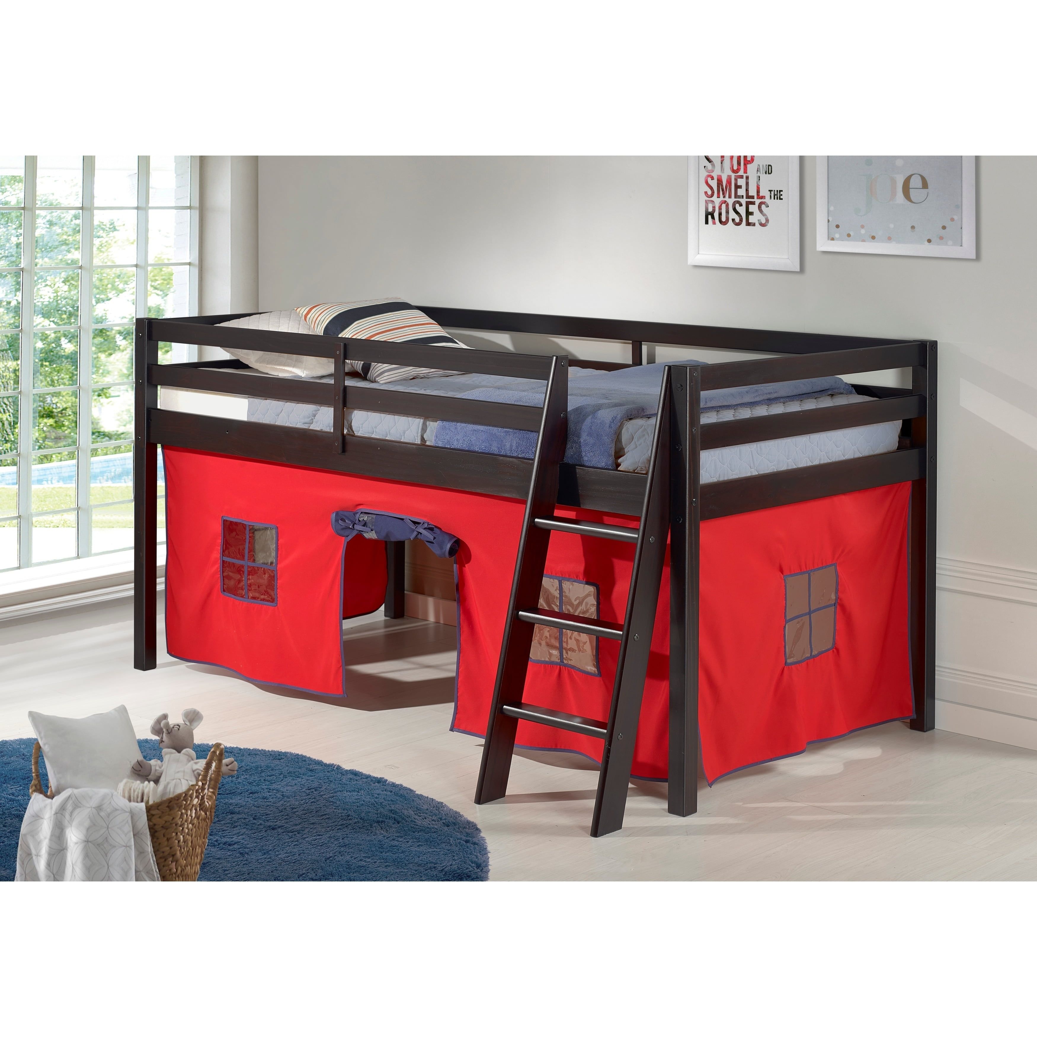 Espresso Twin Pine Junior Loft Bed with Red Playhouse Tent