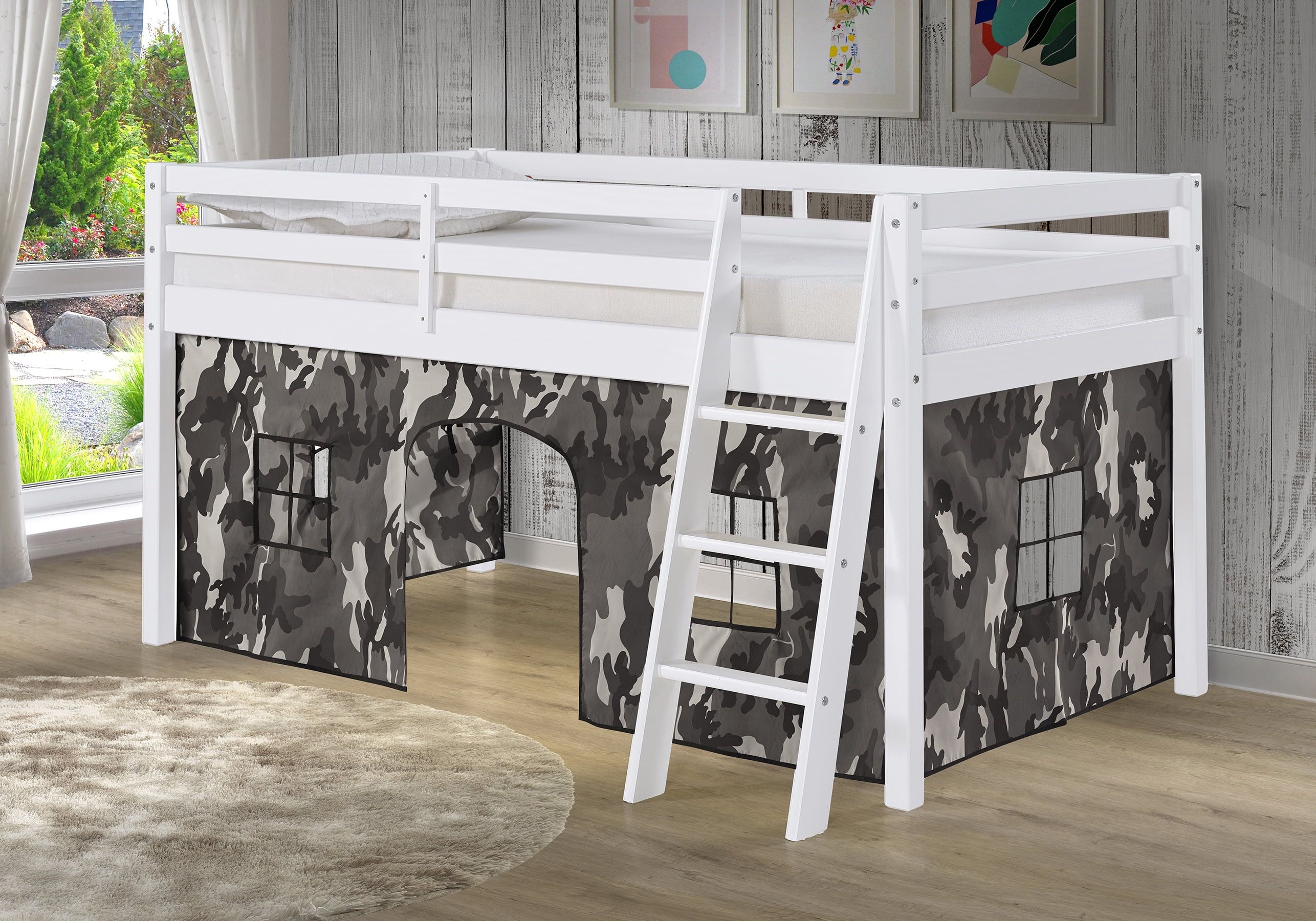 White Twin Loft Bed with Gray Camouflage Tent and Pine Frame