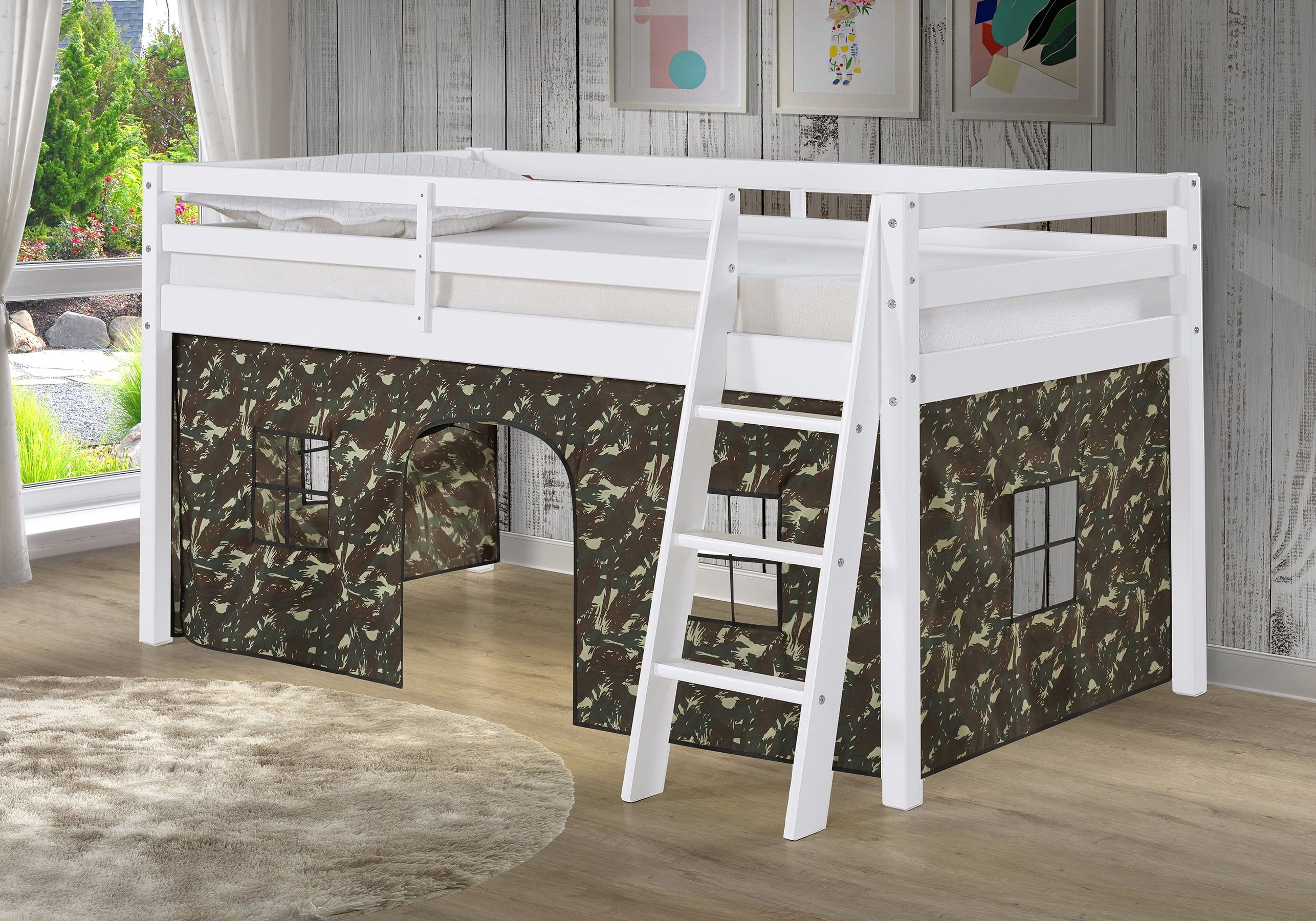 White Pine Twin Loft Bed with Green Camouflage Tent