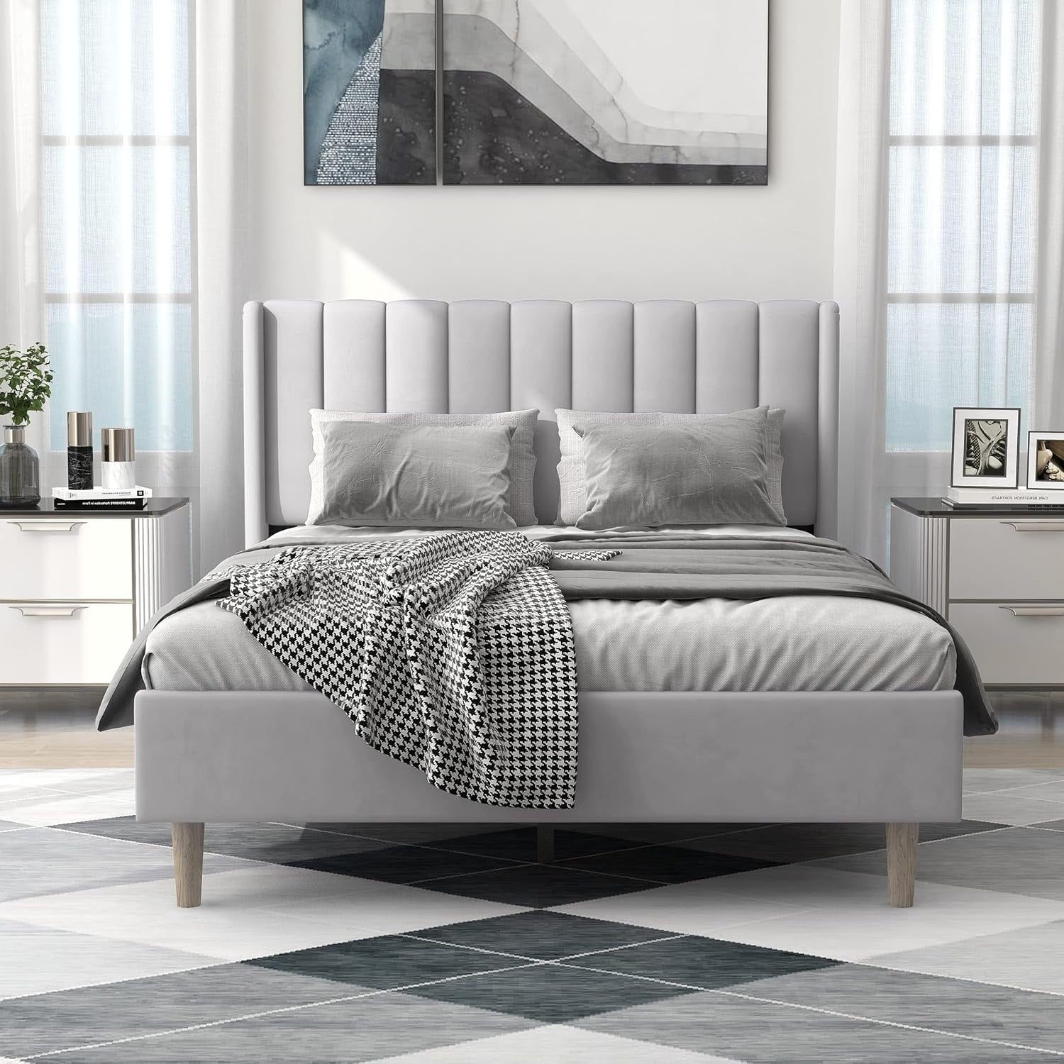 Light Grey Linen Full Upholstered Platform Bed Frame with Tufted Headboard
