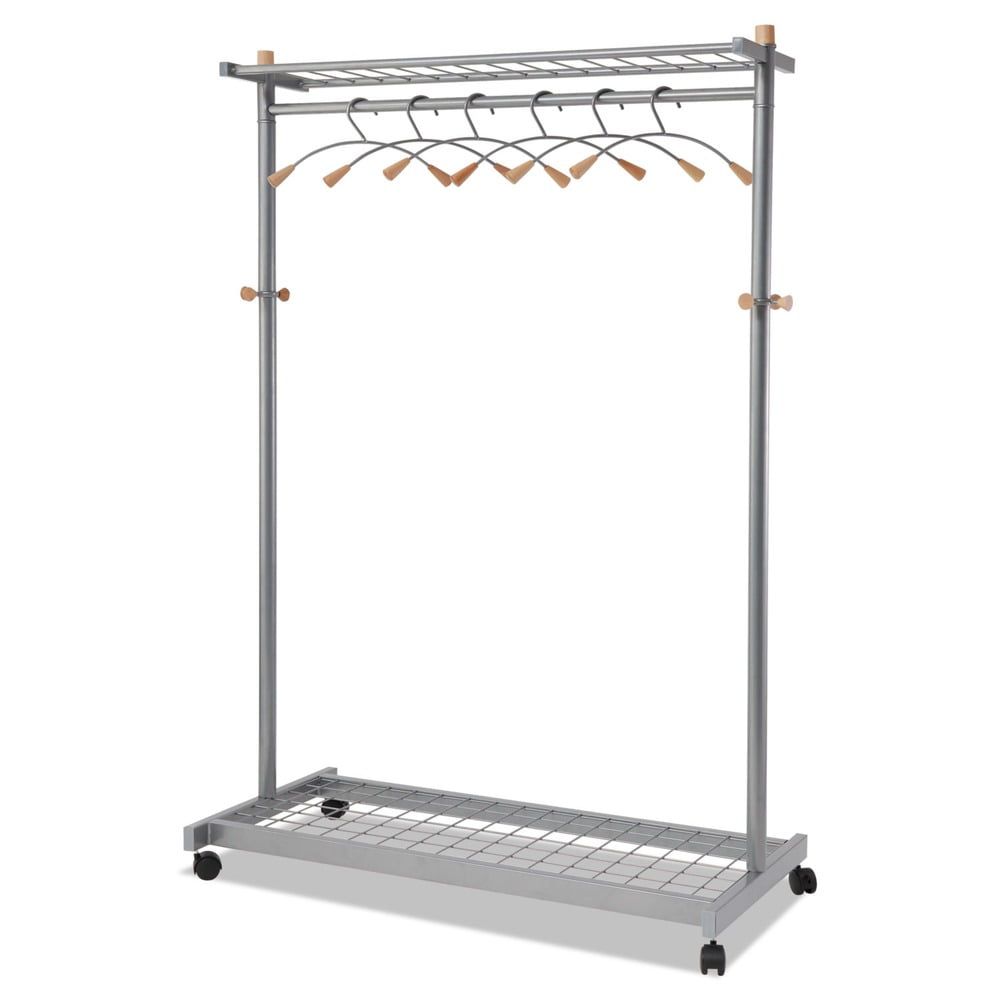 Mobile Silver and Wood 2-Shelf Coat Rack with Hangers