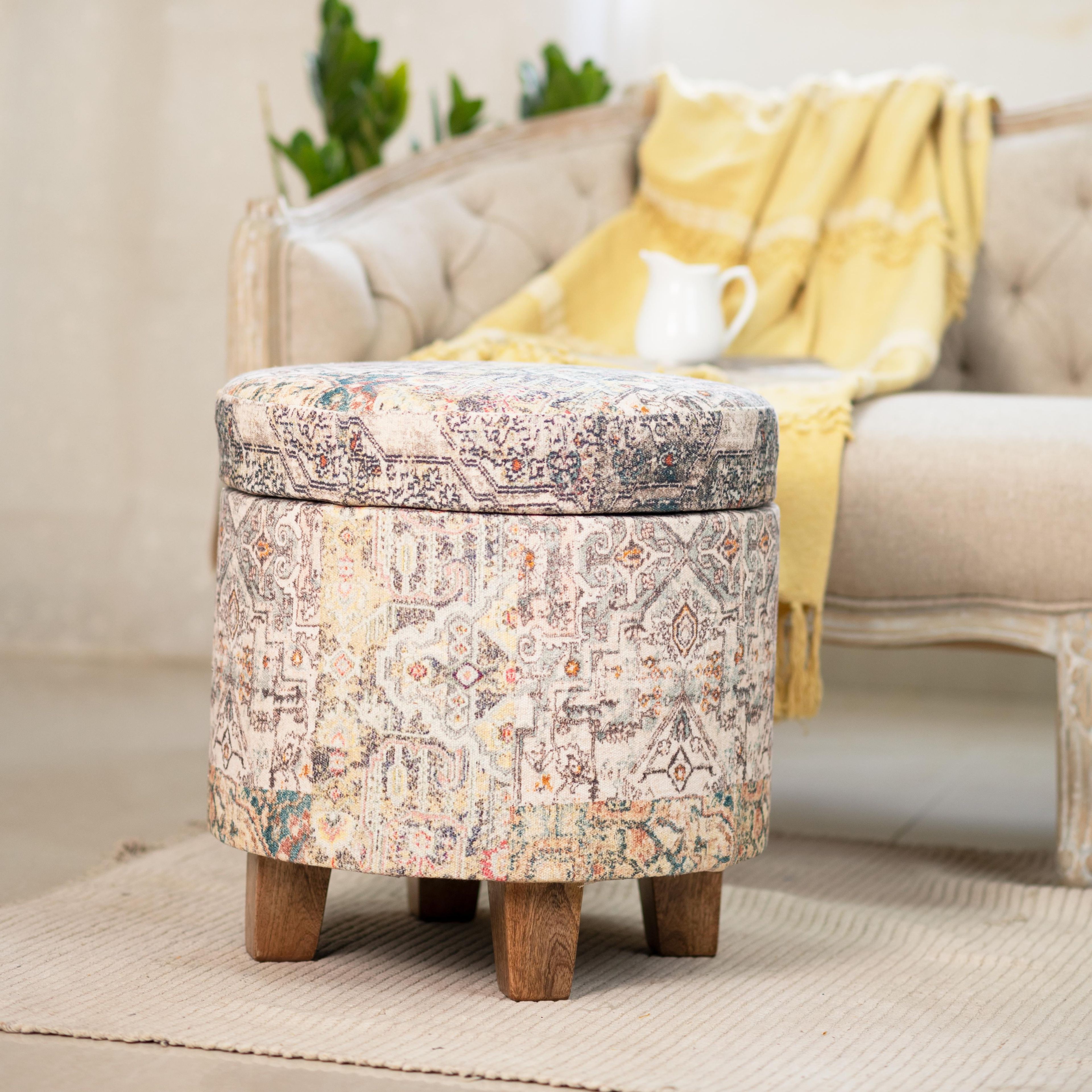 Albany 17" Beige Patterned Storage Ottoman with Wooden Legs