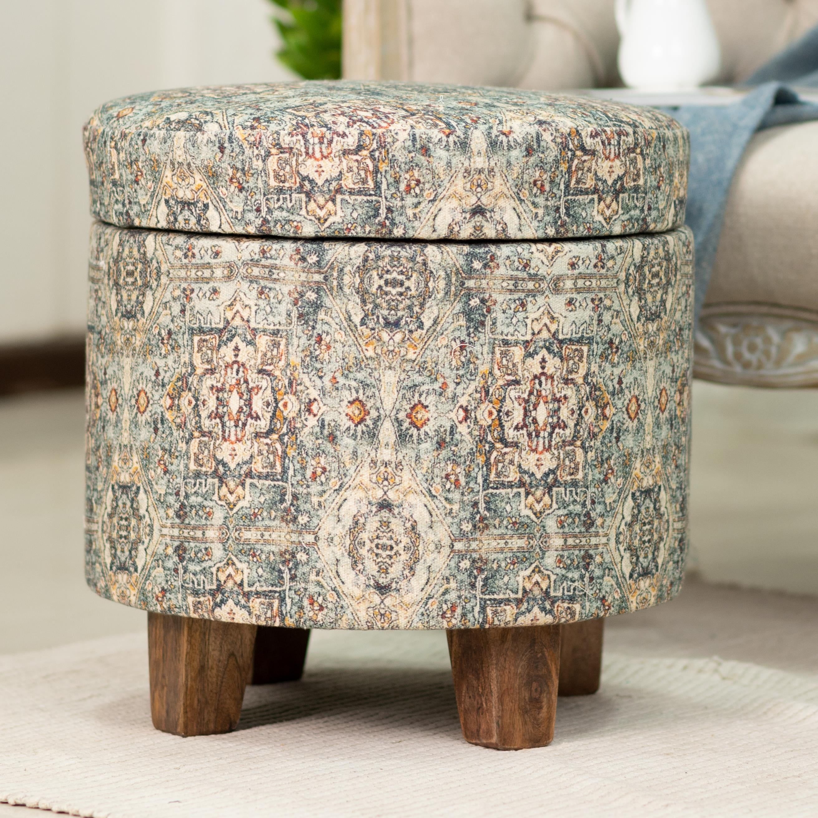 Cream Ethnic Print Cotton Round Storage Ottoman with Wood Legs