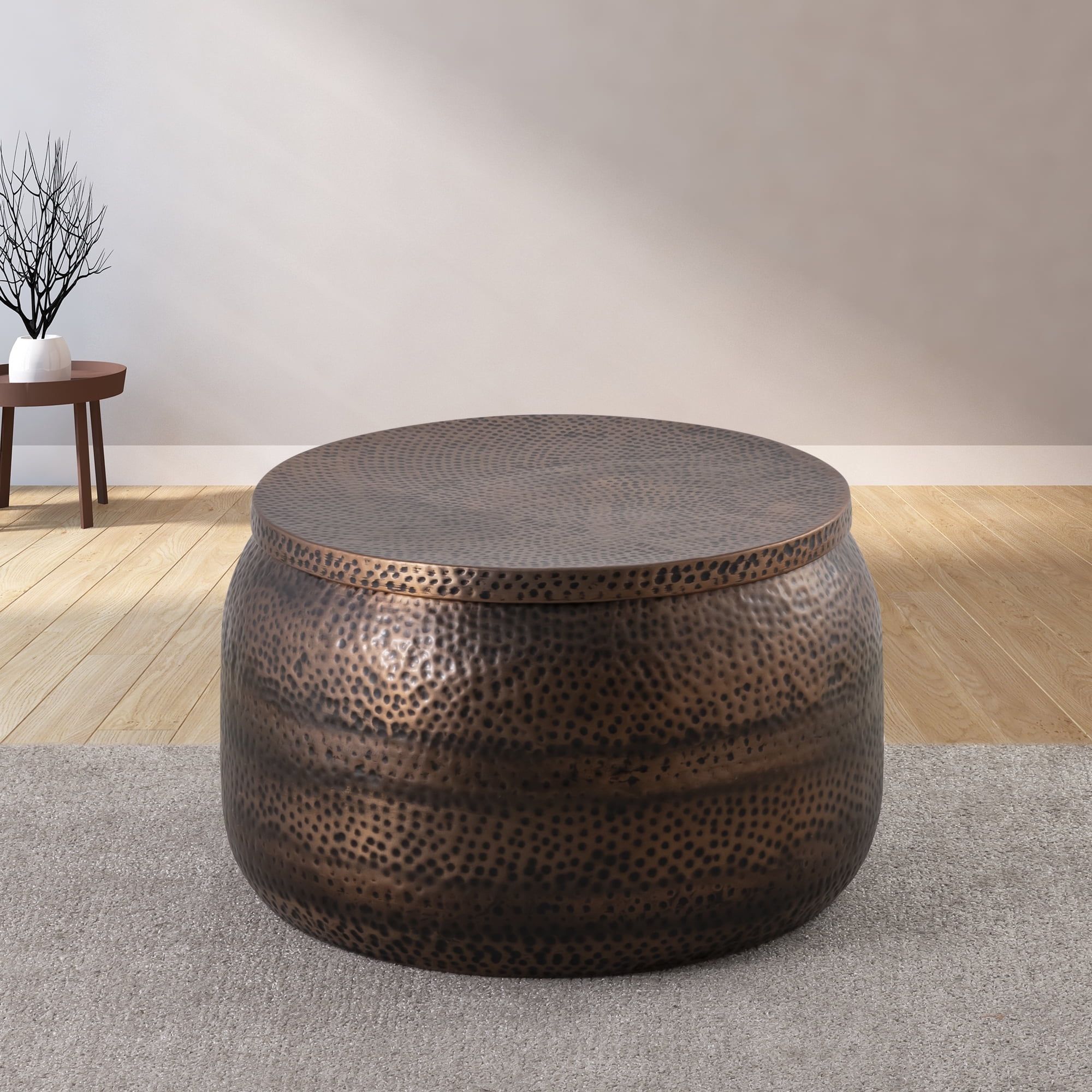 Copper Round Metal Drum Coffee Table with Storage