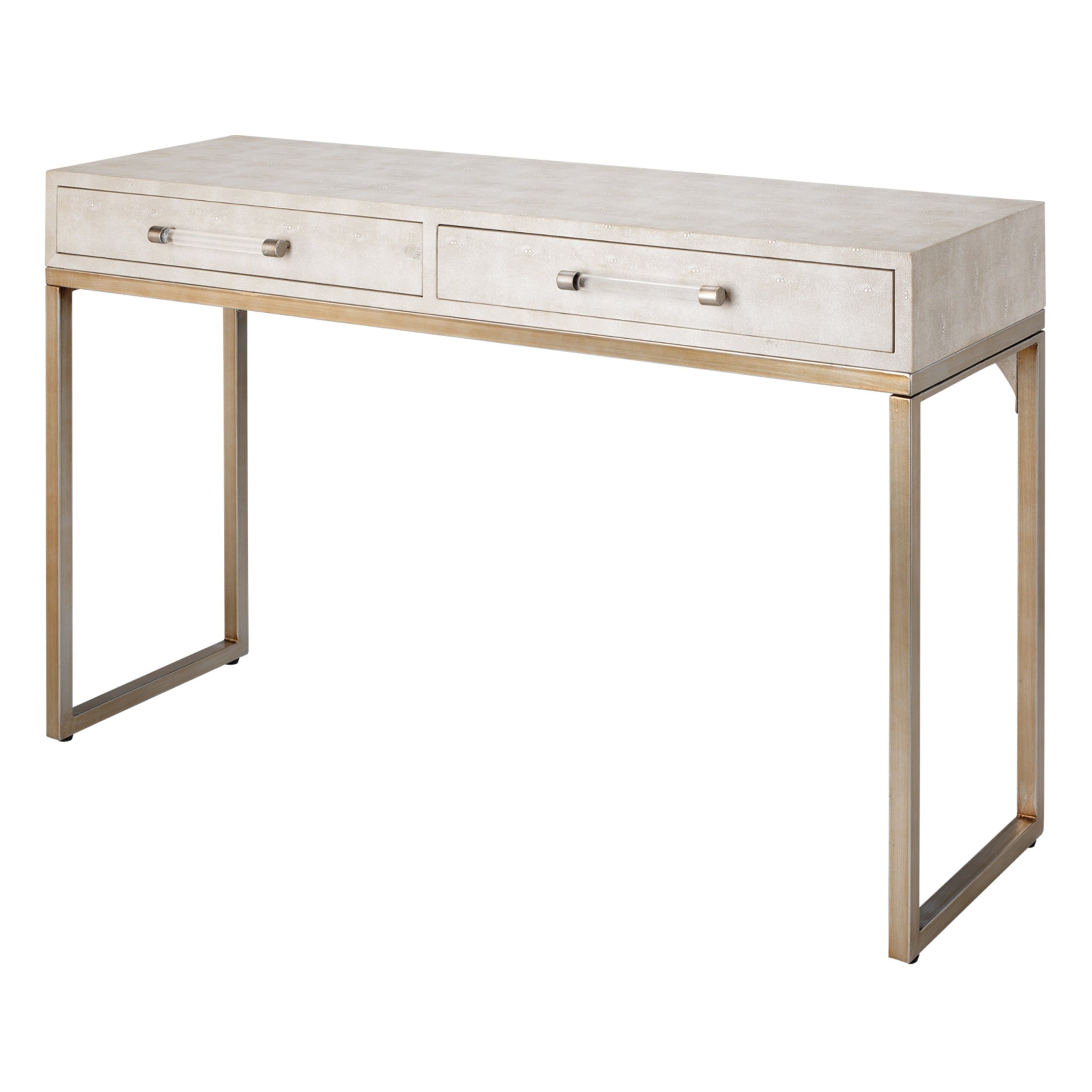 Cream Faux Shagreen Console Table with Champagne Iron Base