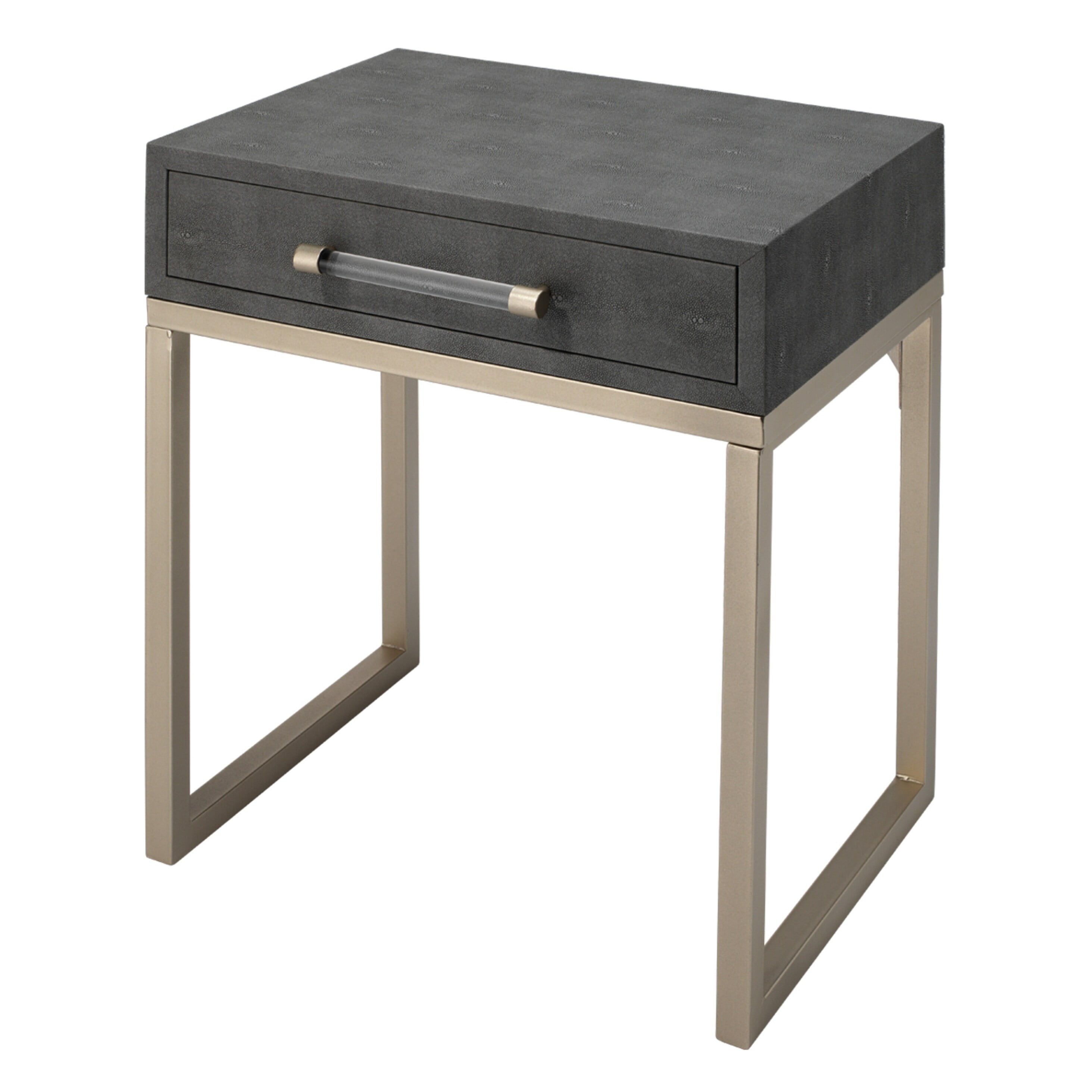 Small Gray Faux Shagreen and Nickel Side Table with Storage