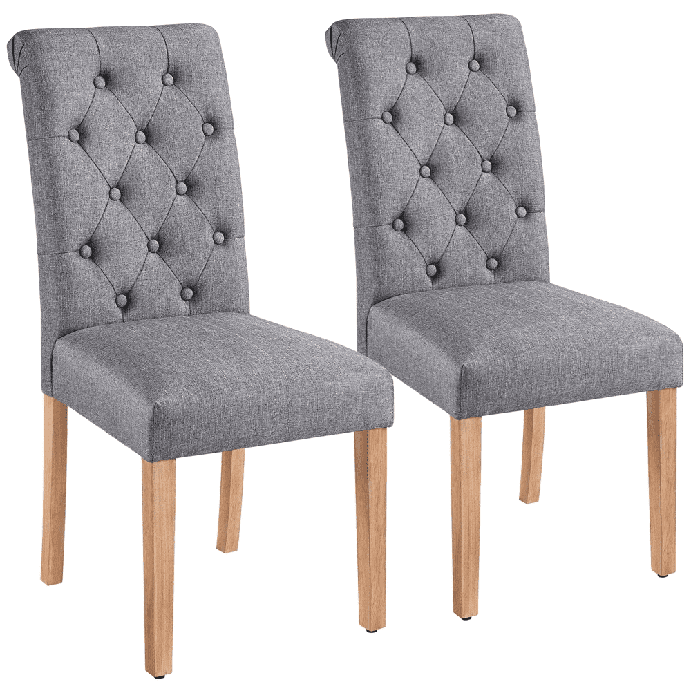 Gray Linen Upholstered High Back Parsons Dining Chairs with Oak Legs, Set of 2