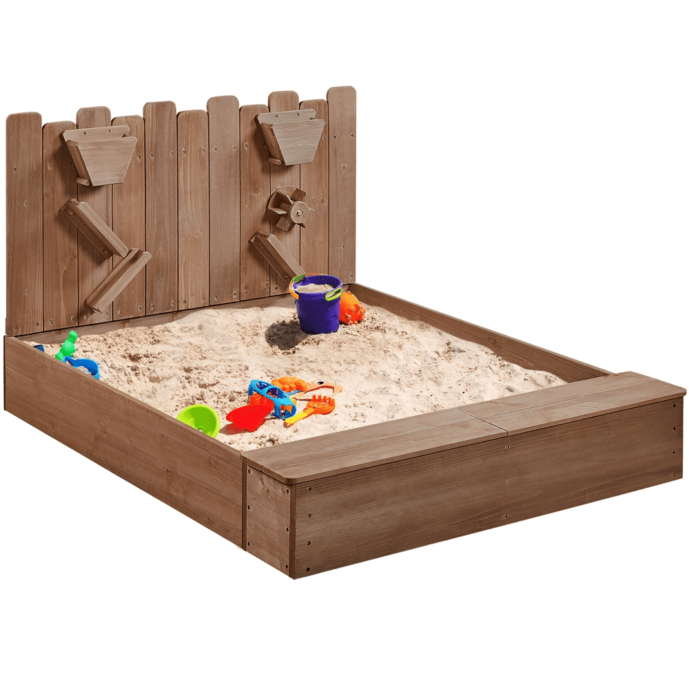 Fir Wood Sandbox with Spinning Wheel and Storage Bench