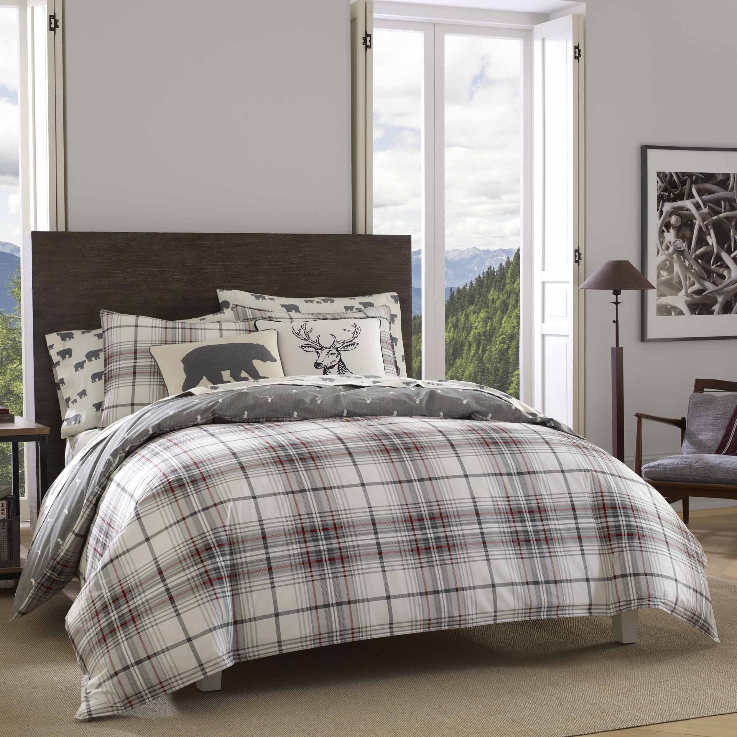 Queen Gray and Red Plaid Cotton Duvet Cover Set